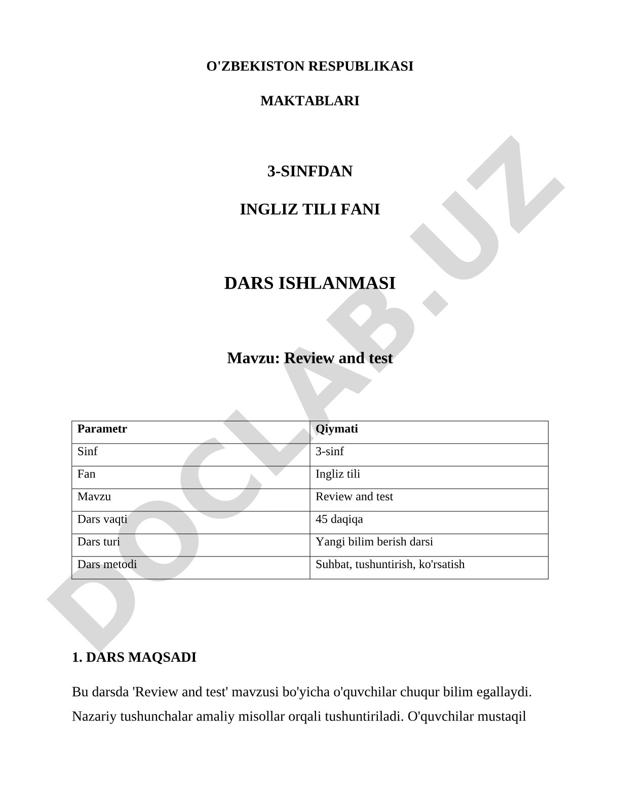 3-sinf ingliz tili fanidan Review and test mavzusidagi dars ishlanmasi