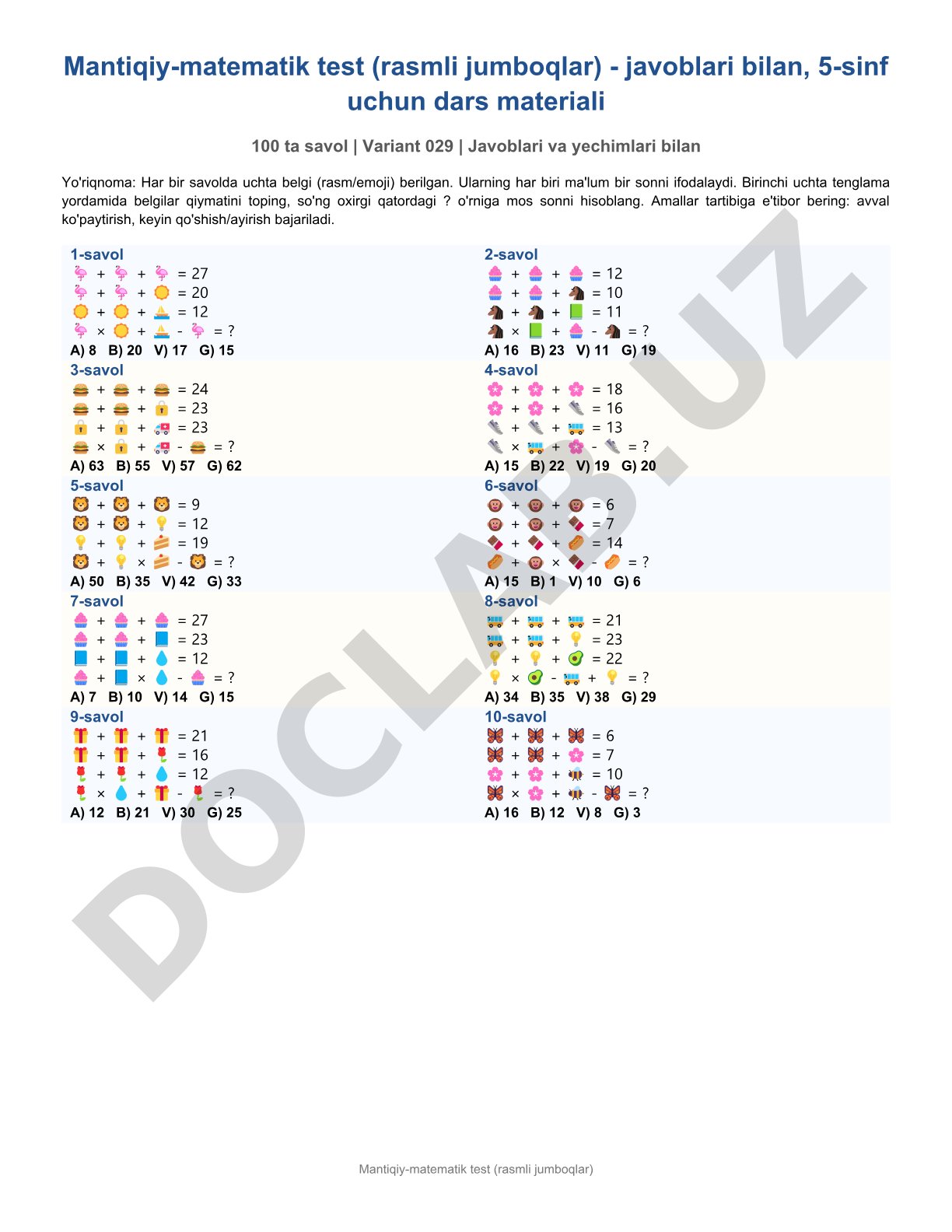Mantiqiy-matematik test (rasmli jumboqlar)