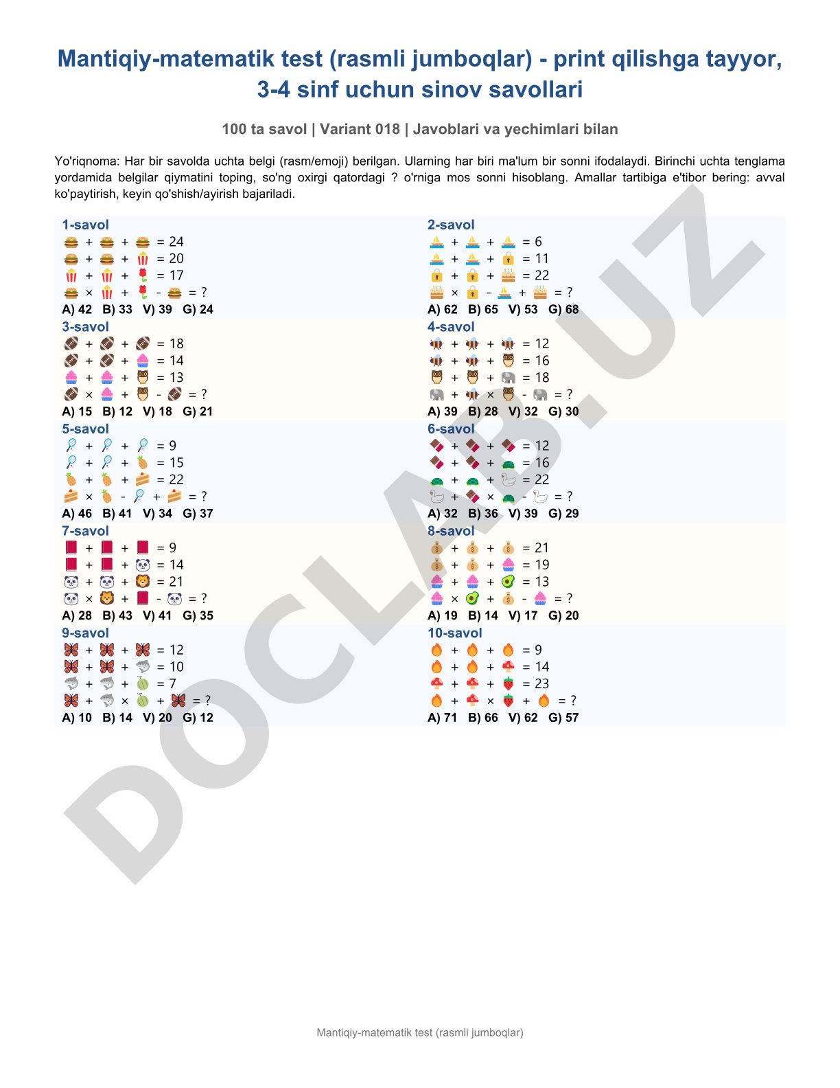 Mantiqiy-matematik test (rasmli jumboqlar)