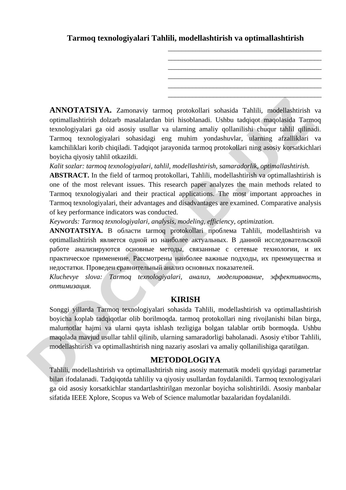 Tarmoq texnologiyalari Tahlili, modellashtirish va optimallashtirish