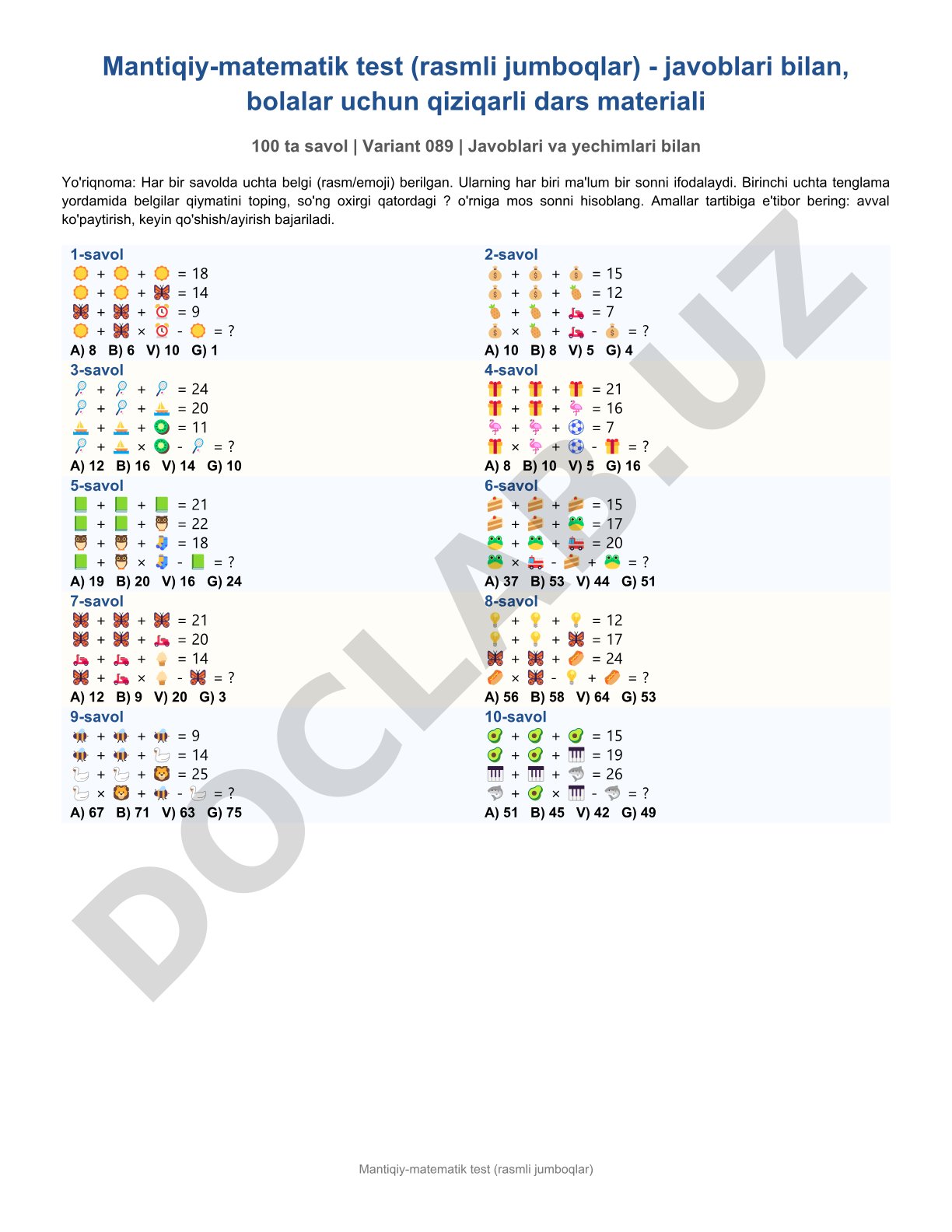 Mantiqiy-matematik test (rasmli jumboqlar)