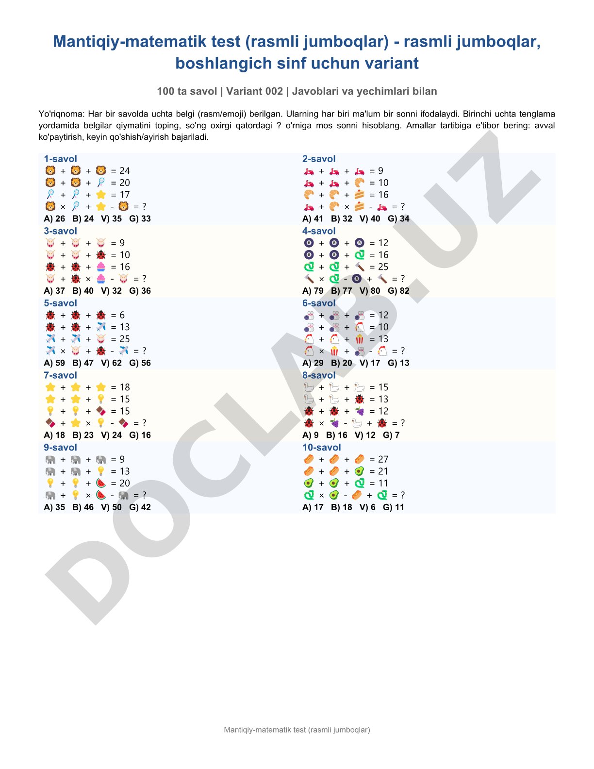Mantiqiy-matematik test (rasmli jumboqlar)