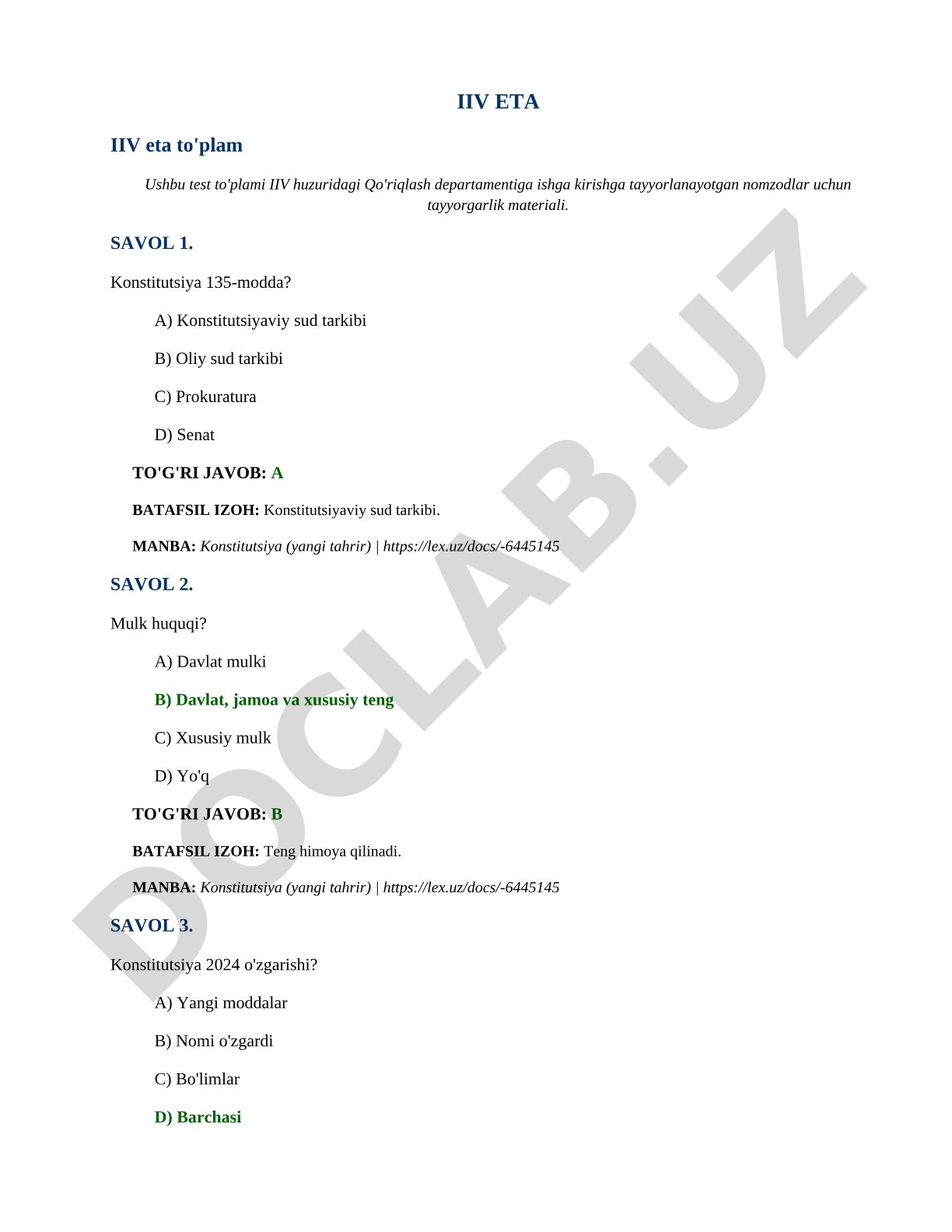 IIV Qo'riqlash departamenti uchun Konstitutsiya testlari