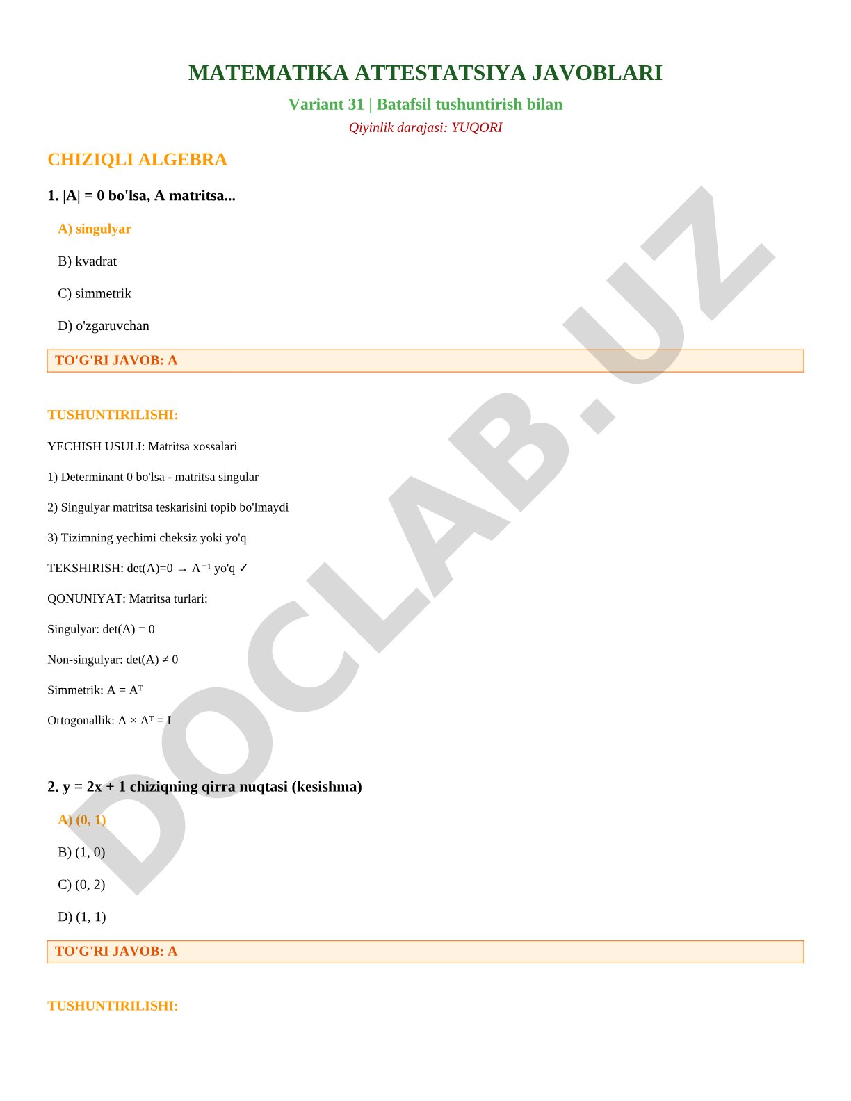 Matematika attestatsiya javoblari Variant 31
