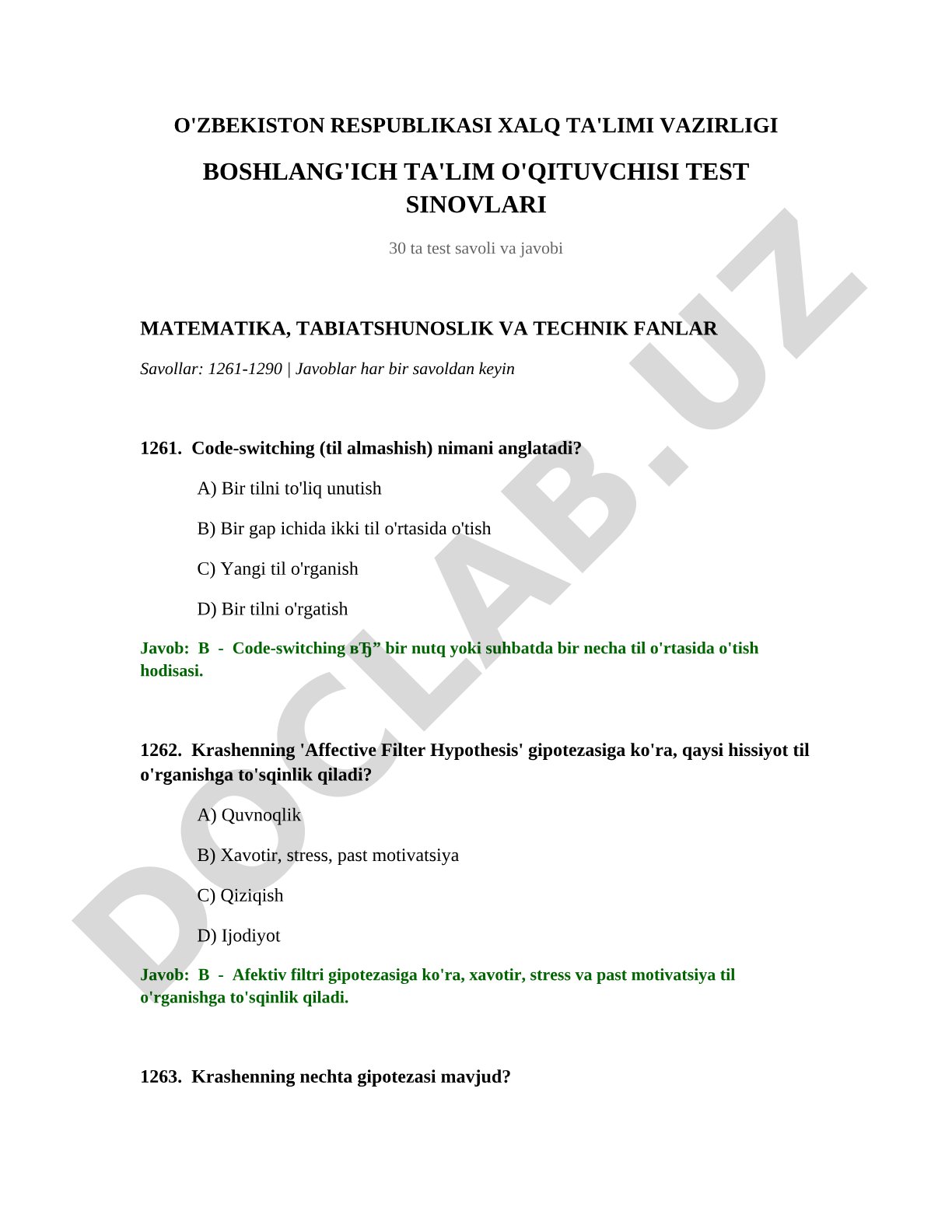 Boshlang'ich ta'lim o'qituvchisi test sinovlari (1261-1290)
