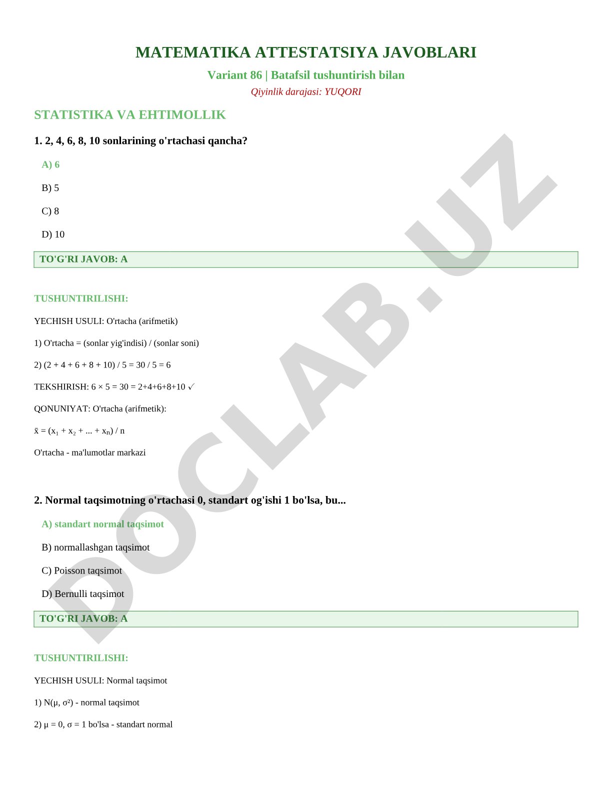 MATEMATIKA ATTESTATSIYA JAVOBLARI Variant 86