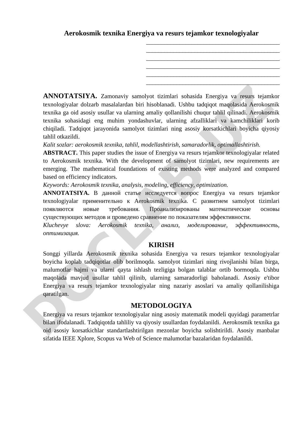 Aerokosmik texnika Energiya va resurs tejamkor texnologiyalar