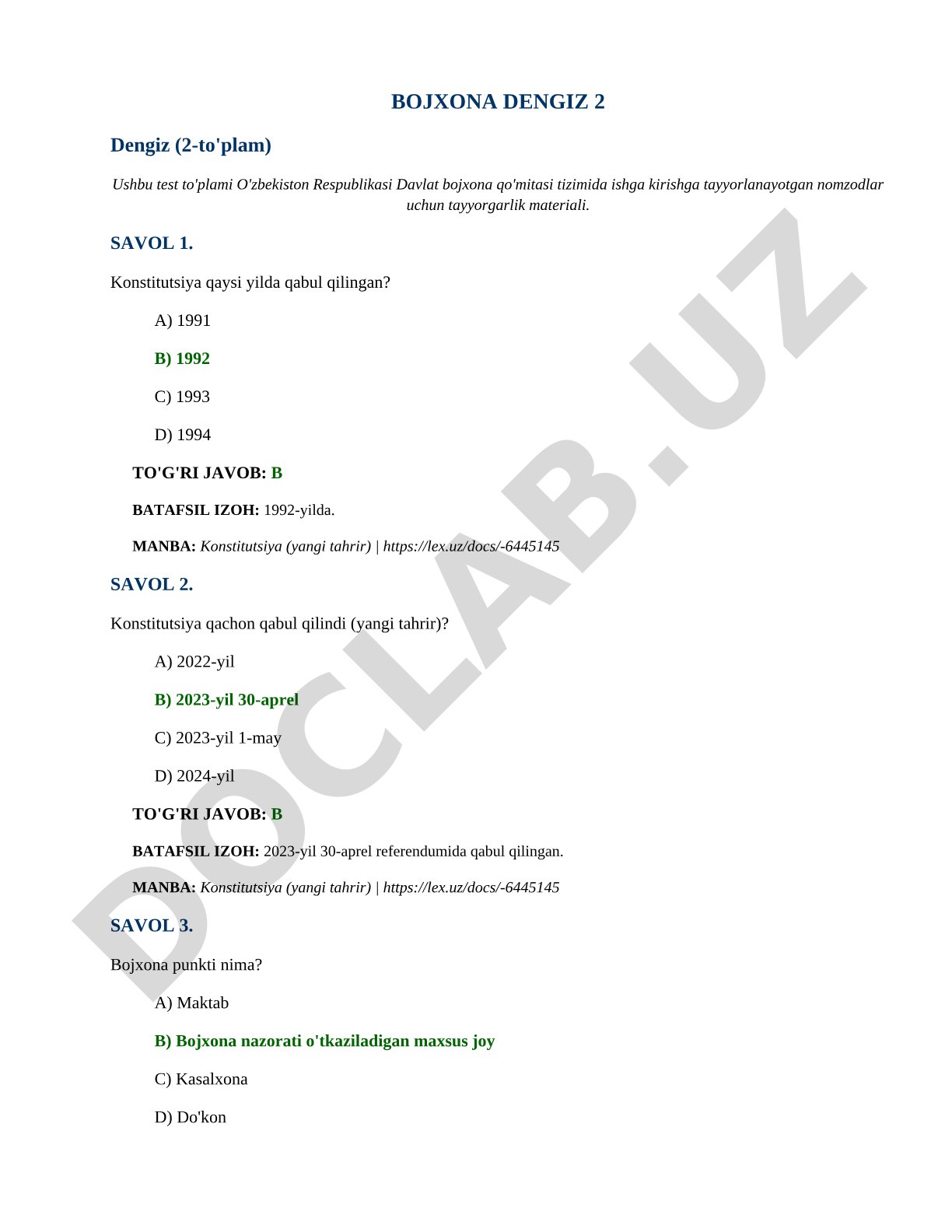 Bojxona tizimiga kirish testlari to'plami