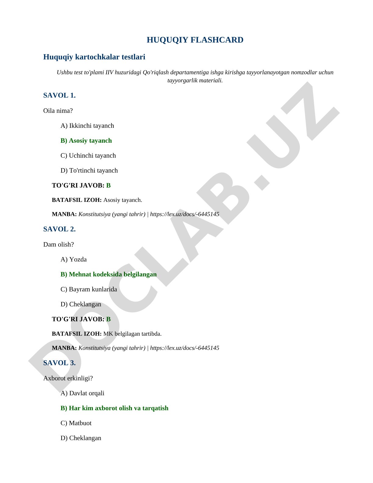 Qo'riqlash departamenti nomzodlari uchun huquqiy testlar