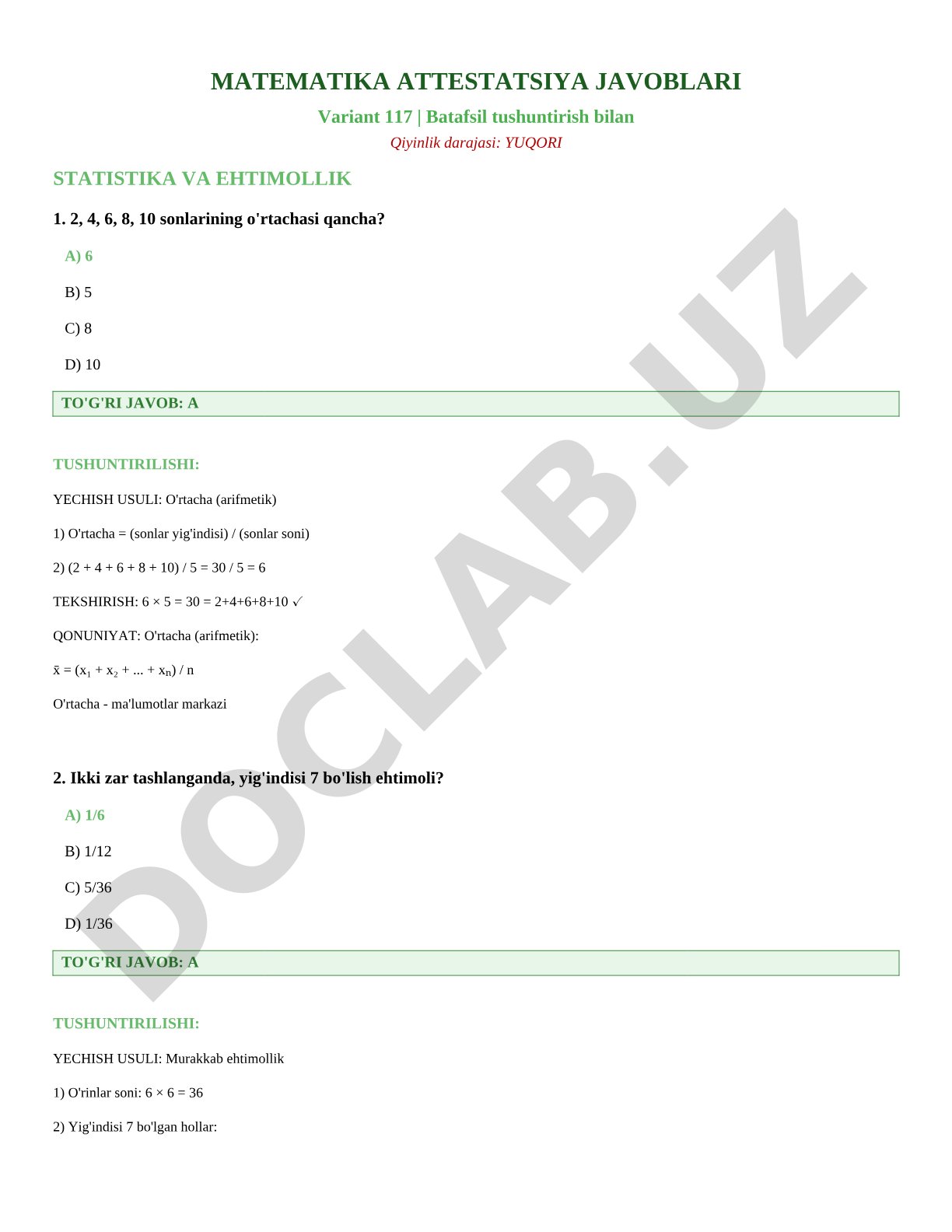 Matematika attestatsiya variant 117 – statistika va ehtimollik