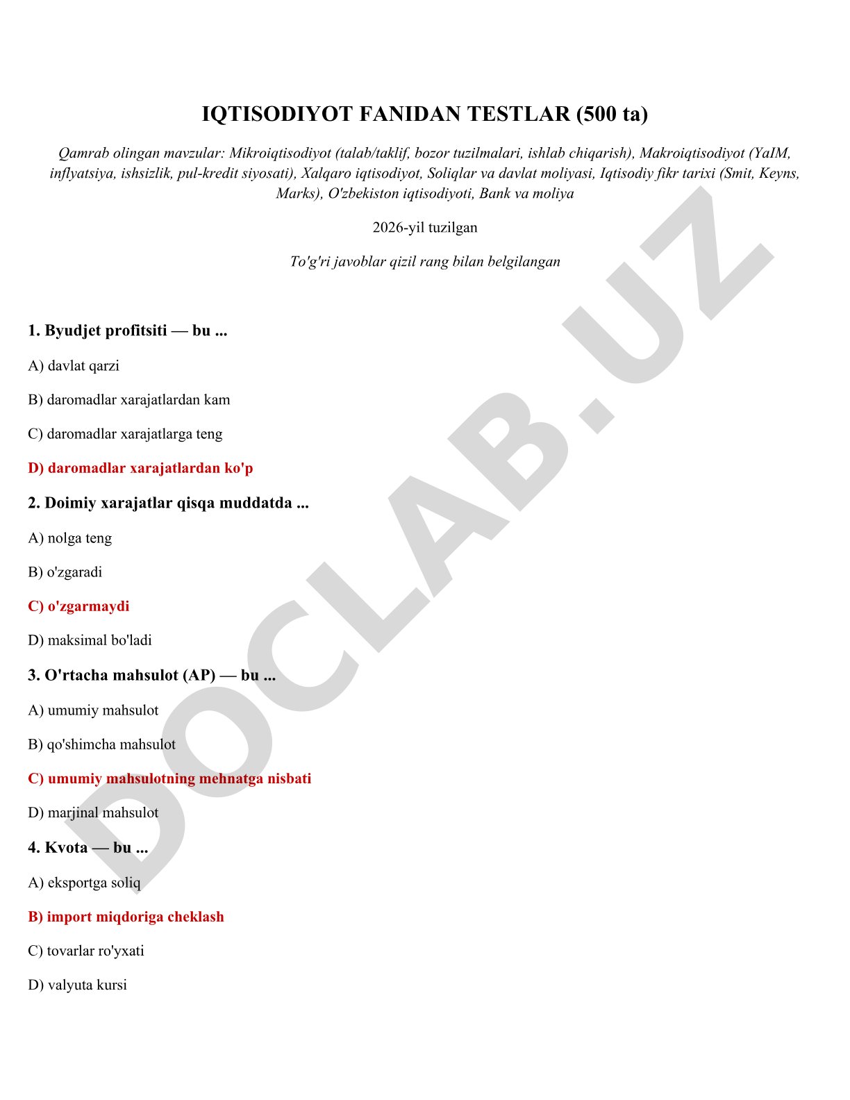 Iqtisodiyot fanidan testlar (500 ta)