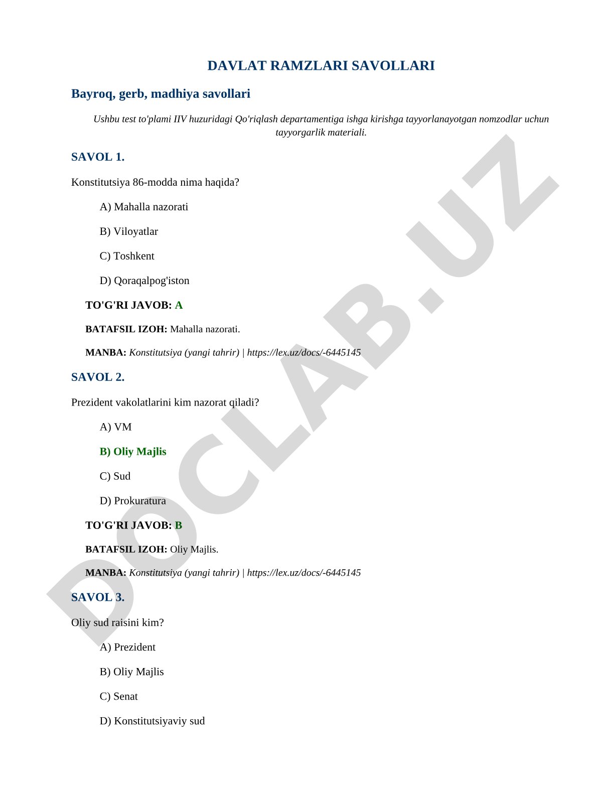 Davlat ramzlari va Konstitutsiya test savollari
