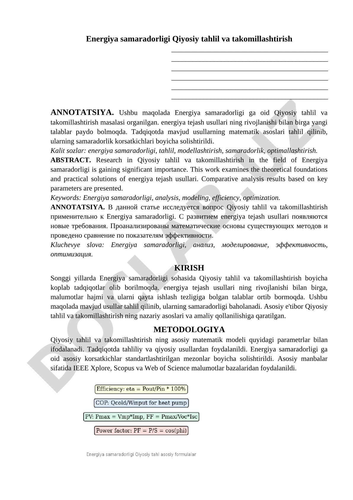 Energiya samaradorligi Qiyosiy tahlil va takomillashtirish