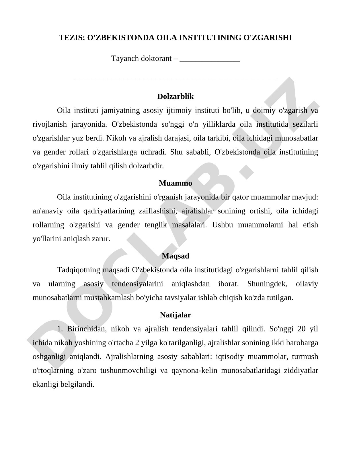 O'zbekistonda oila institutining o'zgarishi