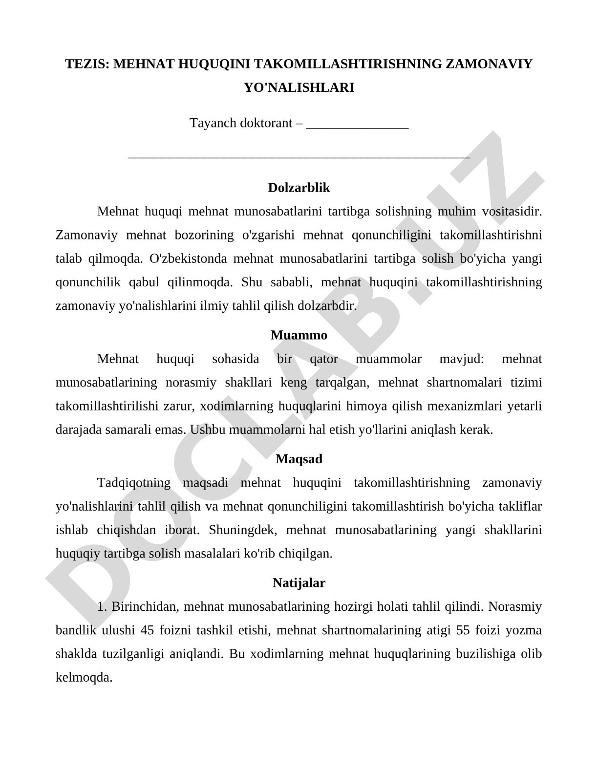 Mehnat huquqini takomillashtirishning zamonaviy yo'nalishlari