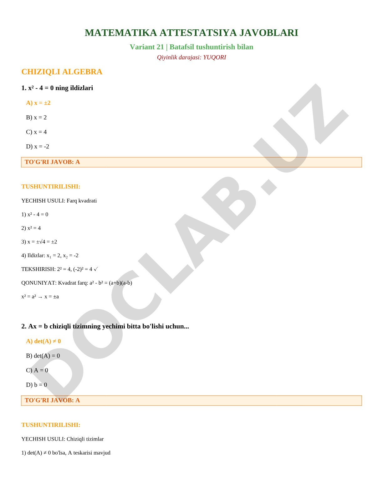 Matematika attestatsiya 21-variant chiziqli algebra