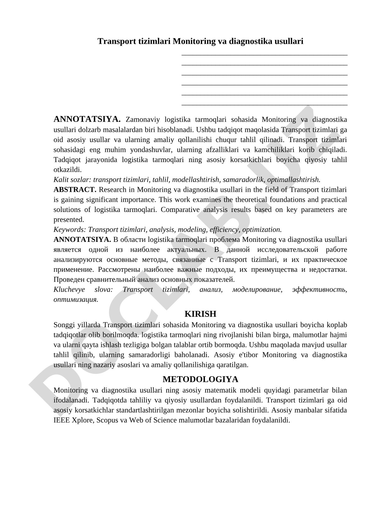 Transport tizimlari Monitoring va diagnostika usullari