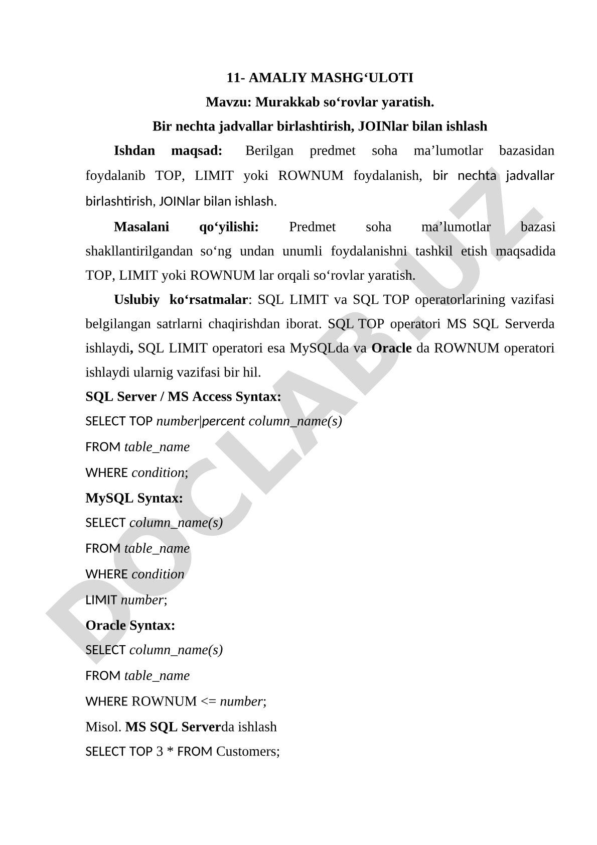 Murakkab so‘rovlar yaratish. Bir nechta jadvallar birlashtirish, JOINlar bilan ishlash
