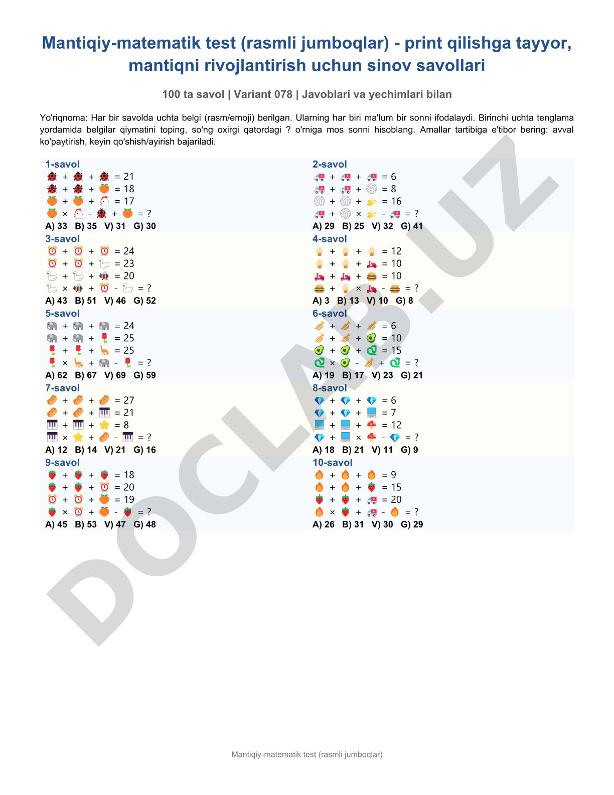 Mantiqiy-matematik test (rasmli jumboqlar)