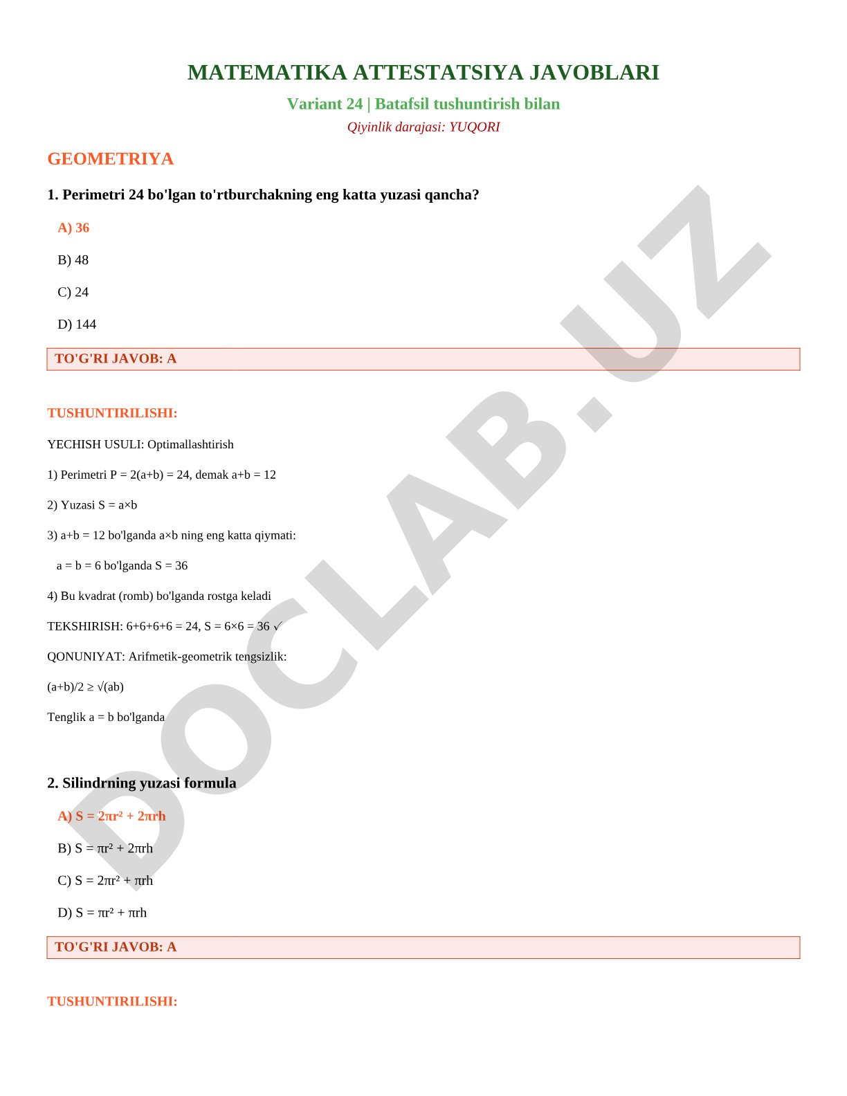Matematika attestatsiya javoblari Variant 24