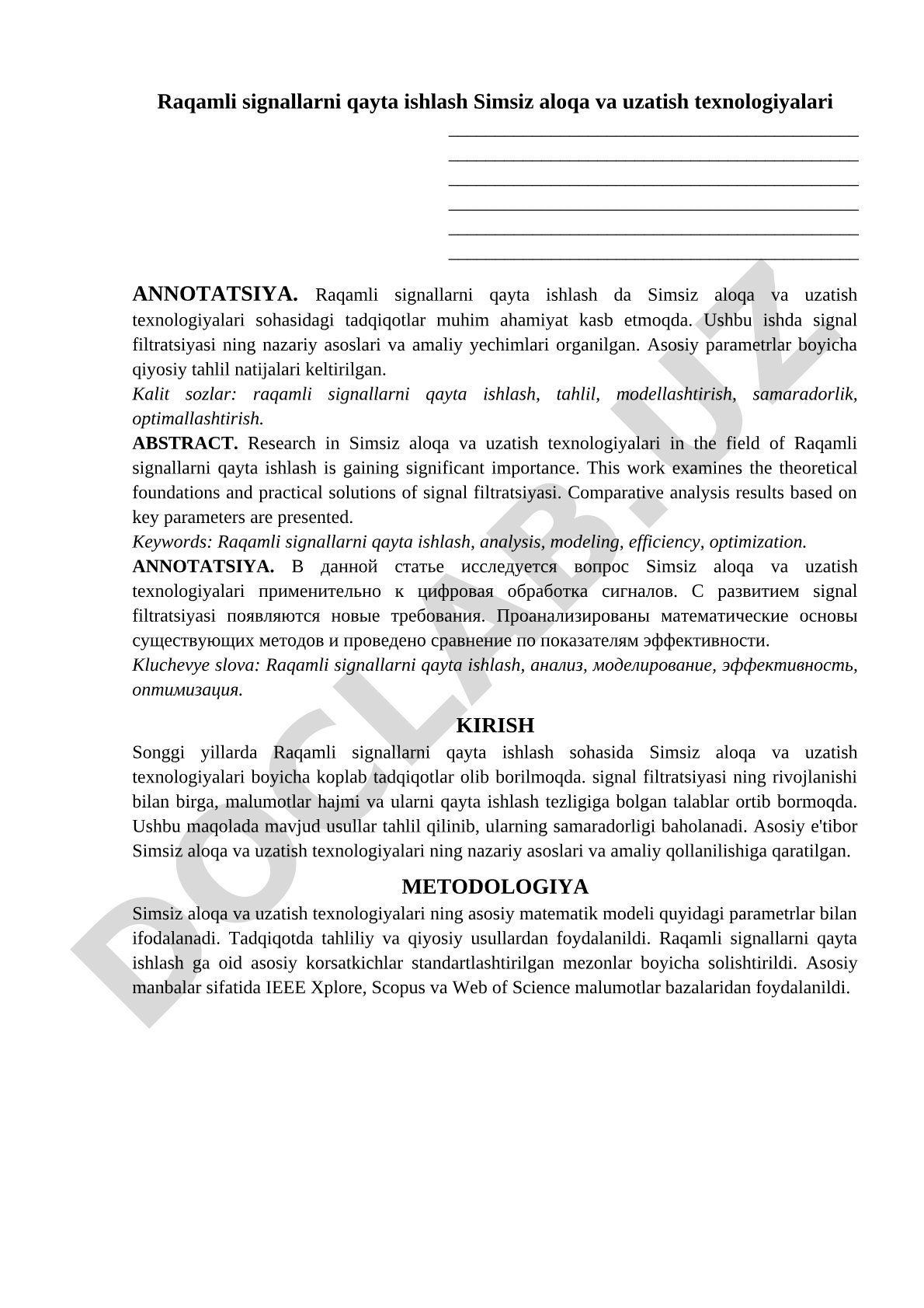 Raqamli signallarni qayta ishlash va simsiz aloqa texnologiyalari tadqiqoti