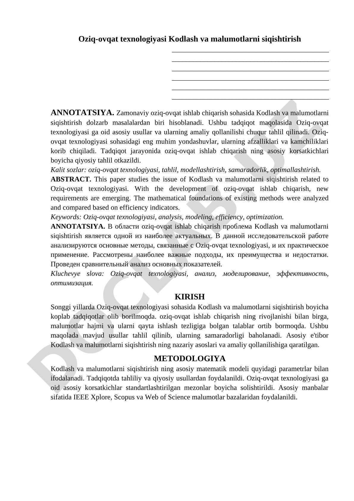 Oziq-ovqat texnologiyasi Kodlash va malumotlarni siqishtirish
