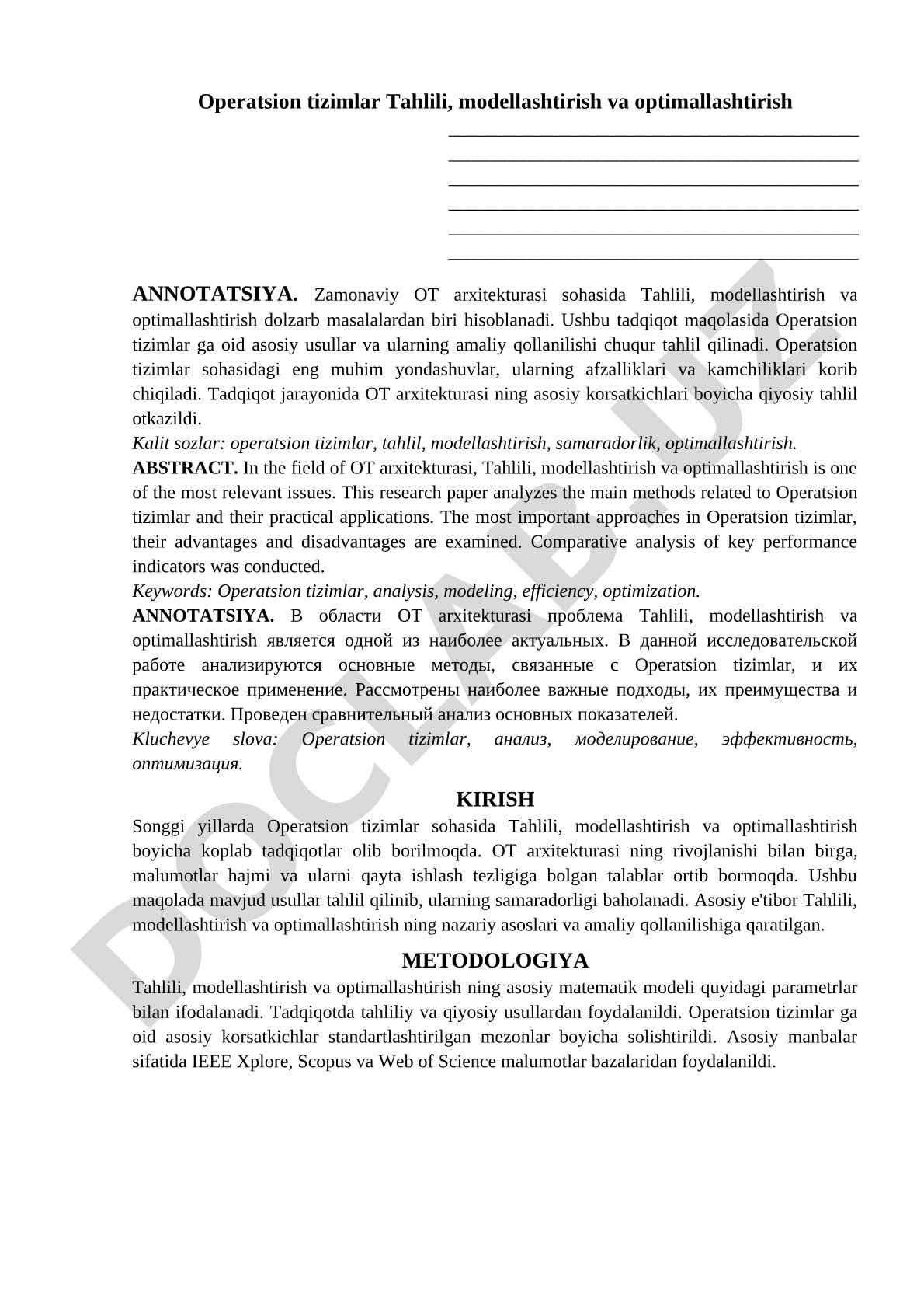 Operatsion tizimlar Tahlili, modellashtirish va optimallashtirish