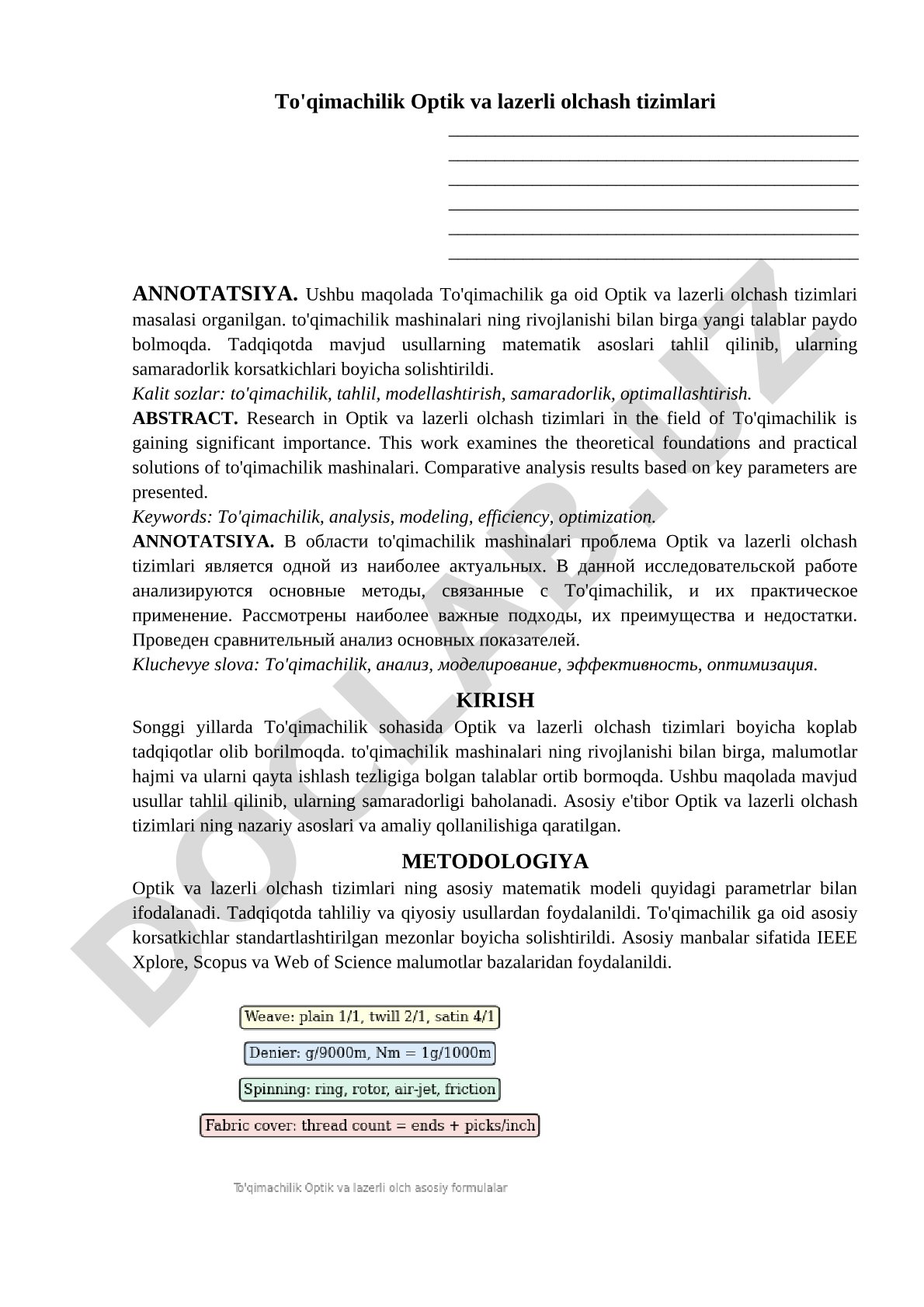 To'qimachilik Optik va lazerli olchash tizimlari
