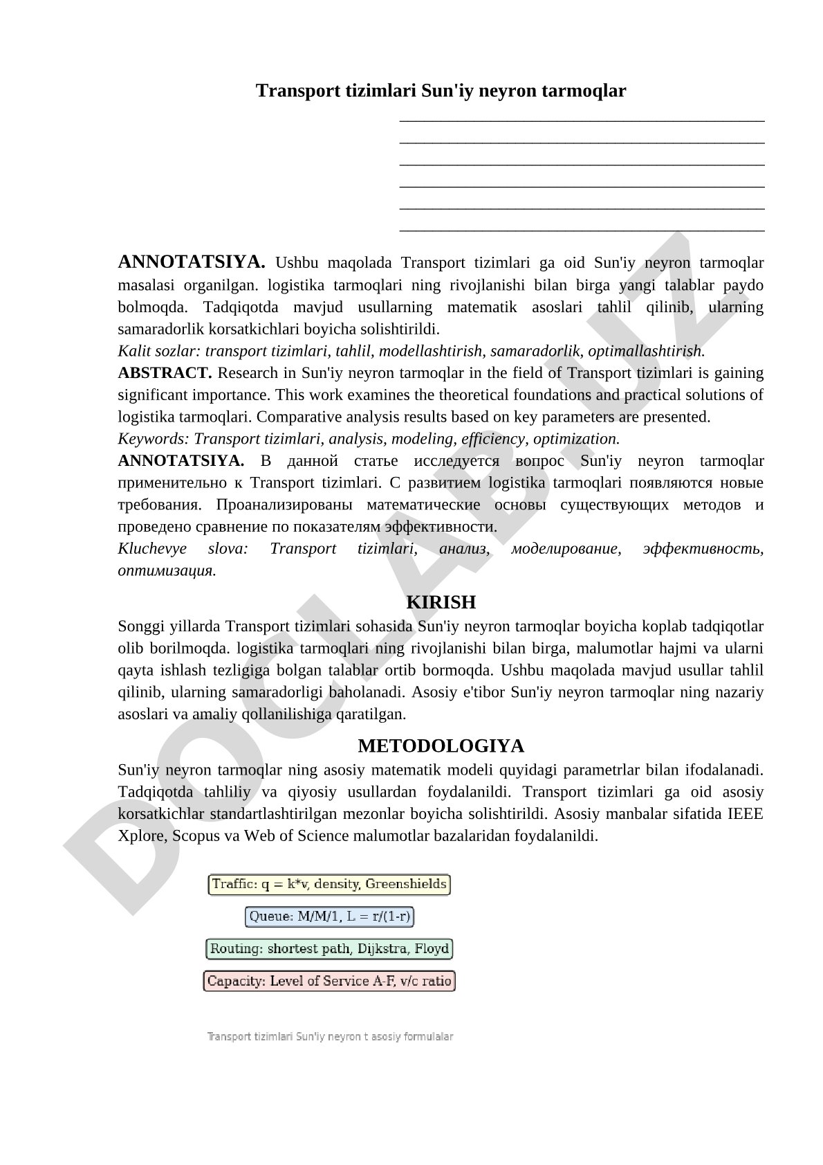 Transport tizimlari Sun'iy neyron tarmoqlar