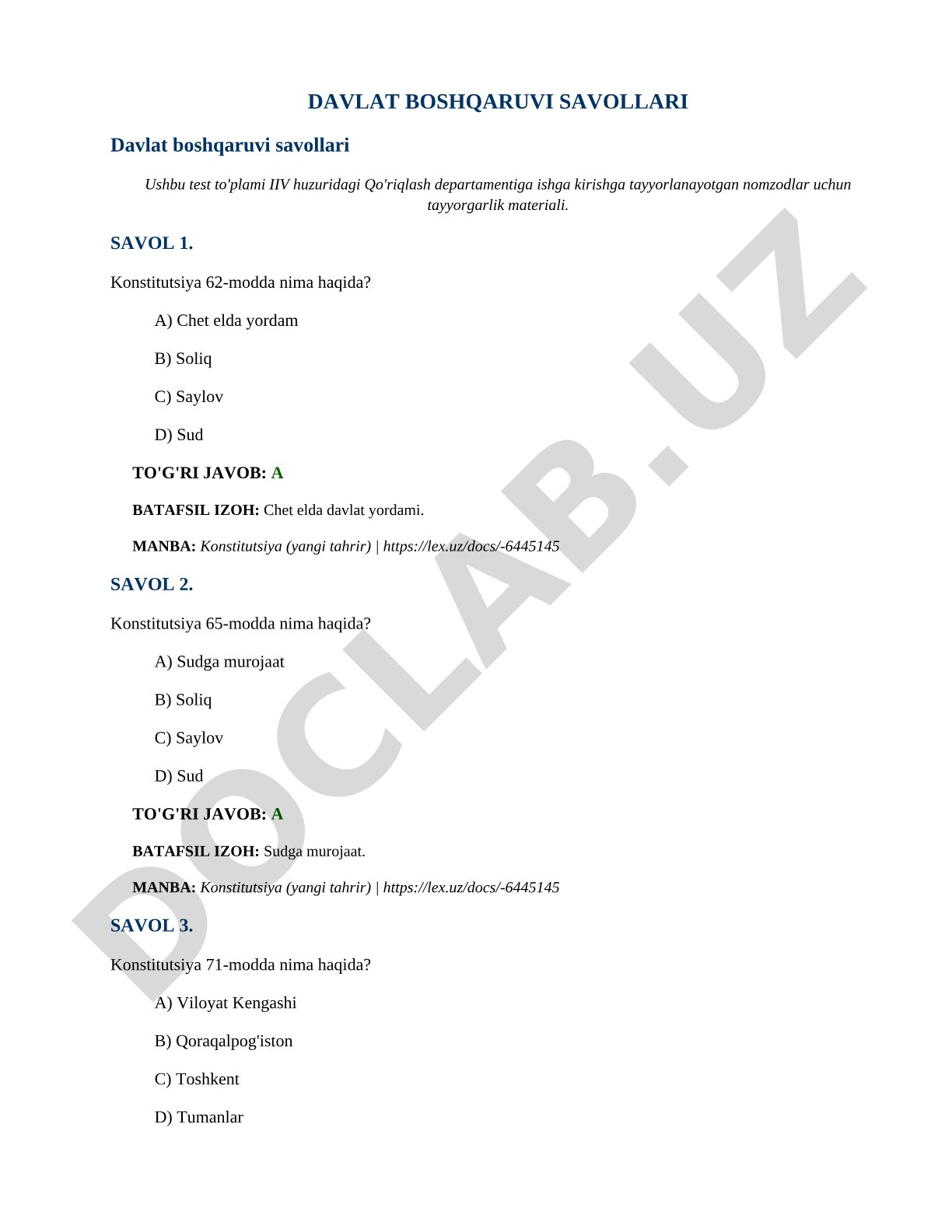 Qo'riqlash departamenti nomzodlari uchun Konstitutsiya testlari