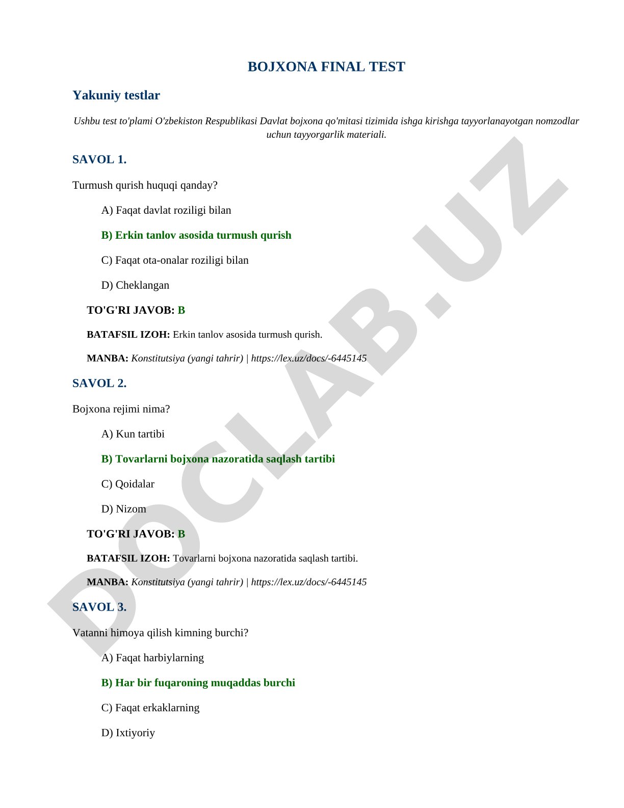 Bojxona yakuniy test savollari