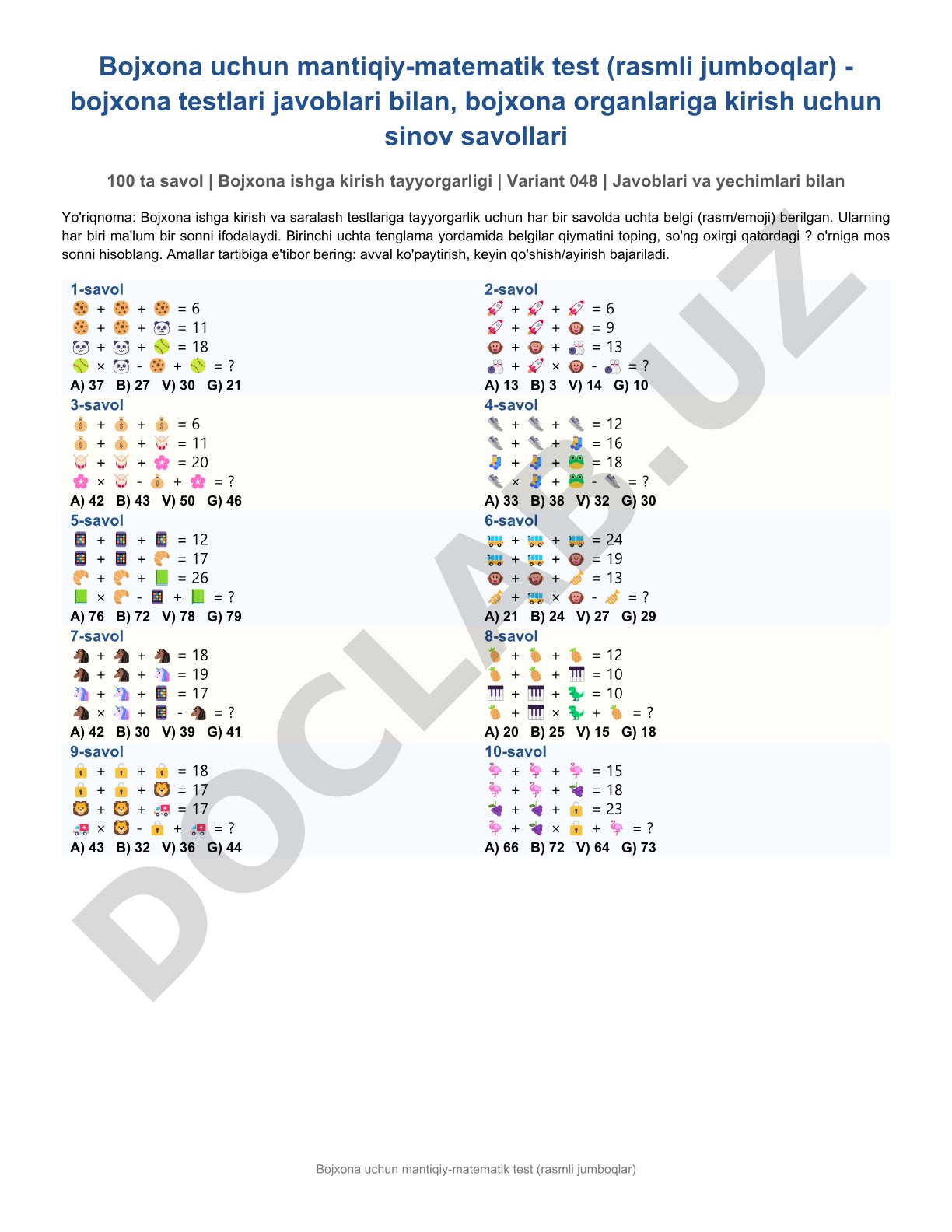 Bojxona uchun mantiqiy-matematik test (rasmli jumboqlar)