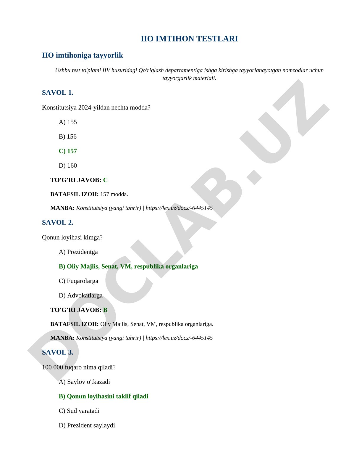 IIV Qo'riqlash departamentiga ishga kirish testlari