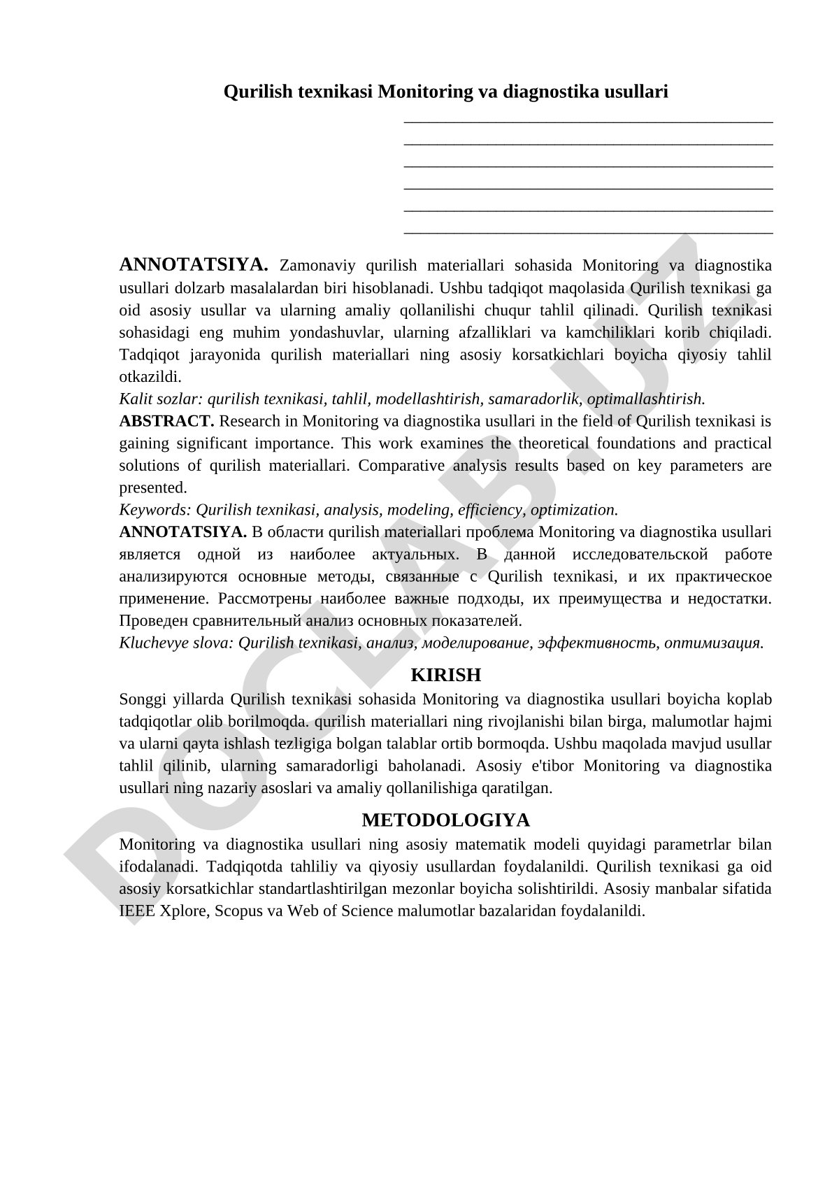 Qurilish texnikasi monitoring va diagnostika usullari