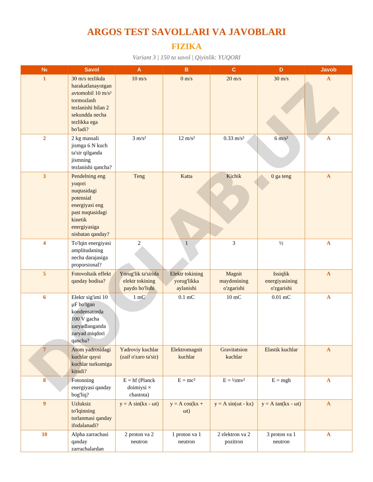 Fizika test savollari va javoblari (Variant 3, Yuqori qiyinlik)