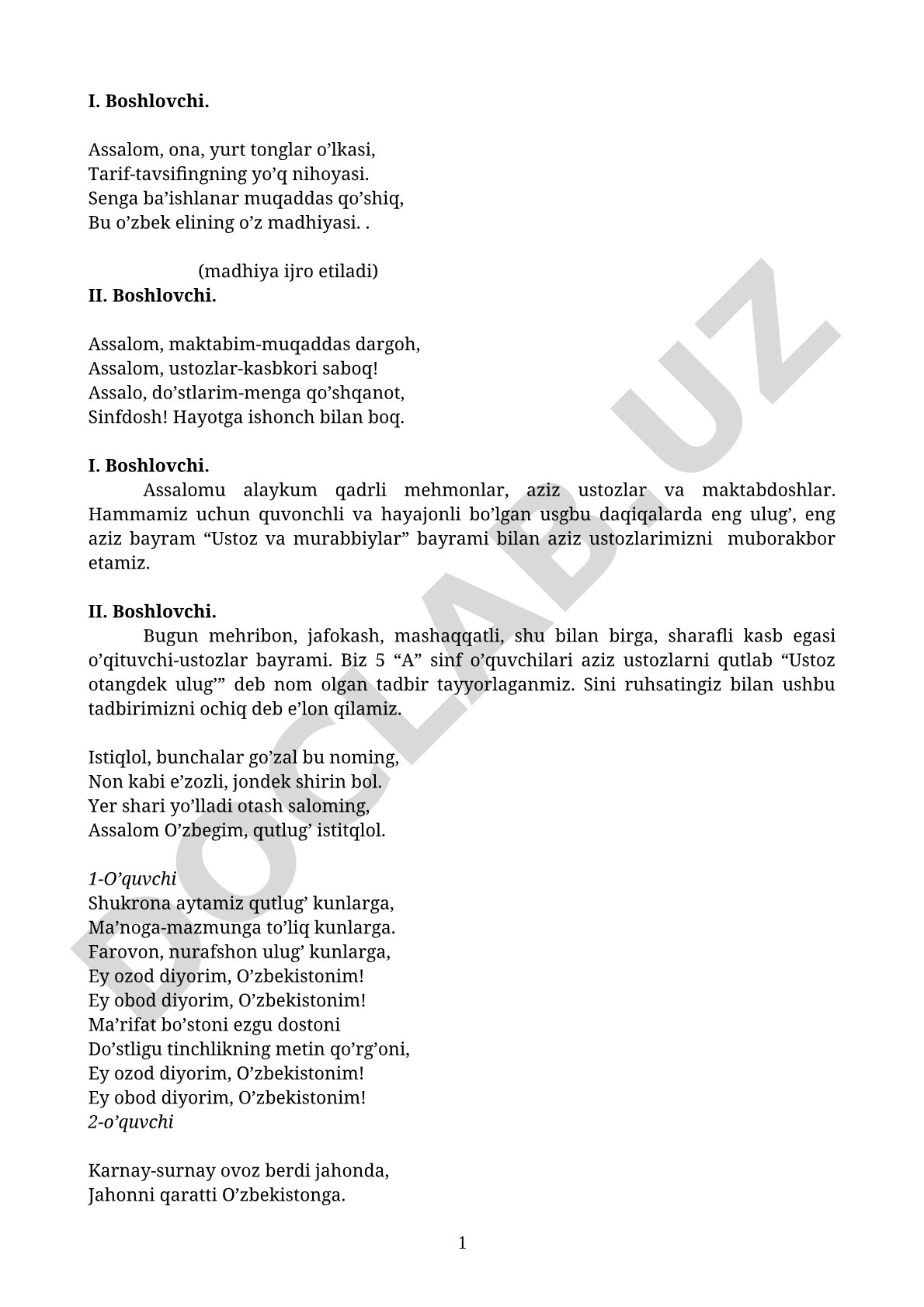 Ustoz va murabbiylar bayrami tadbir senariysi