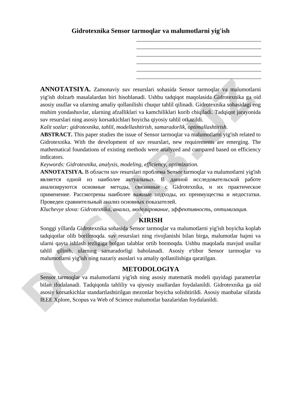 Gidrotexnika Sensor tarmoqlar va malumotlarni yig'ish