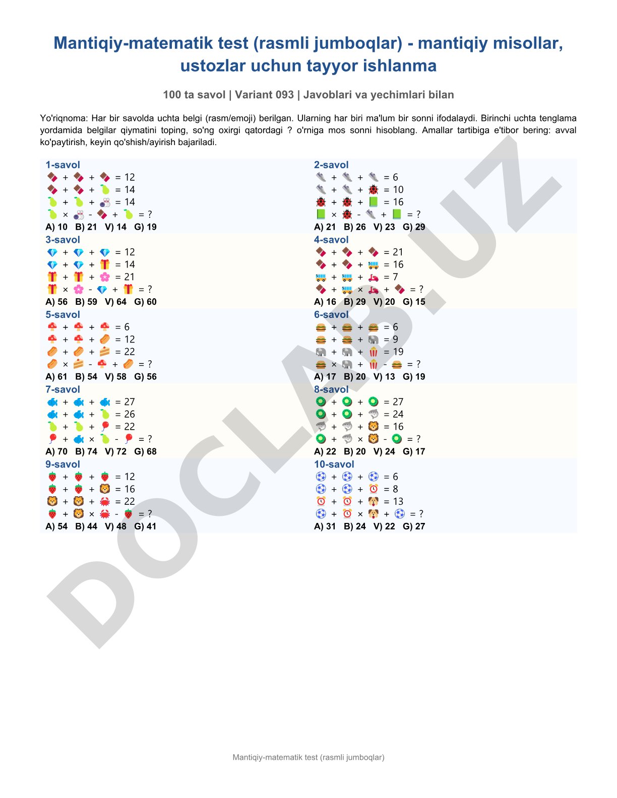 Mantiqiy-matematik test (rasmli jumboqlar) 100 savol