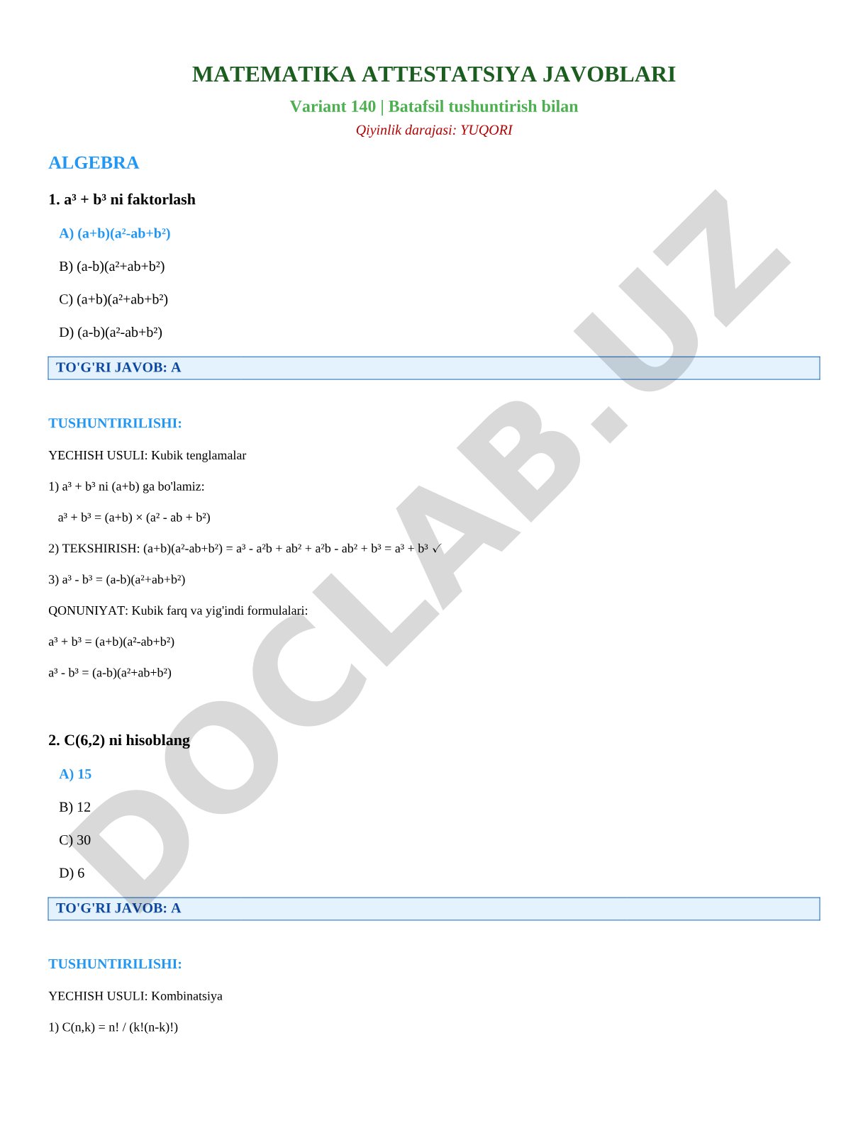 Matematika attestatsiya javoblari 140-variant