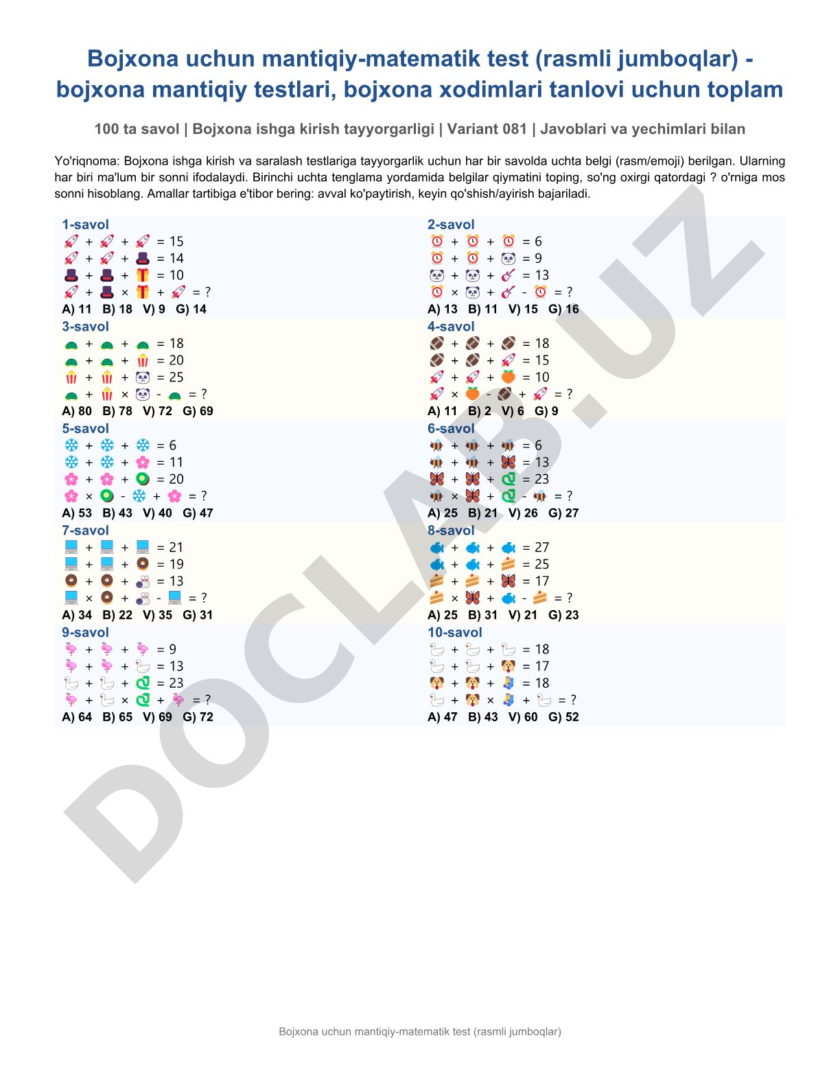 Bojxona uchun mantiqiy-matematik test (rasmli jumboqlar) - bojxona mantiqiy testlari, bojxona xodimlari tanlovi uchun toplam