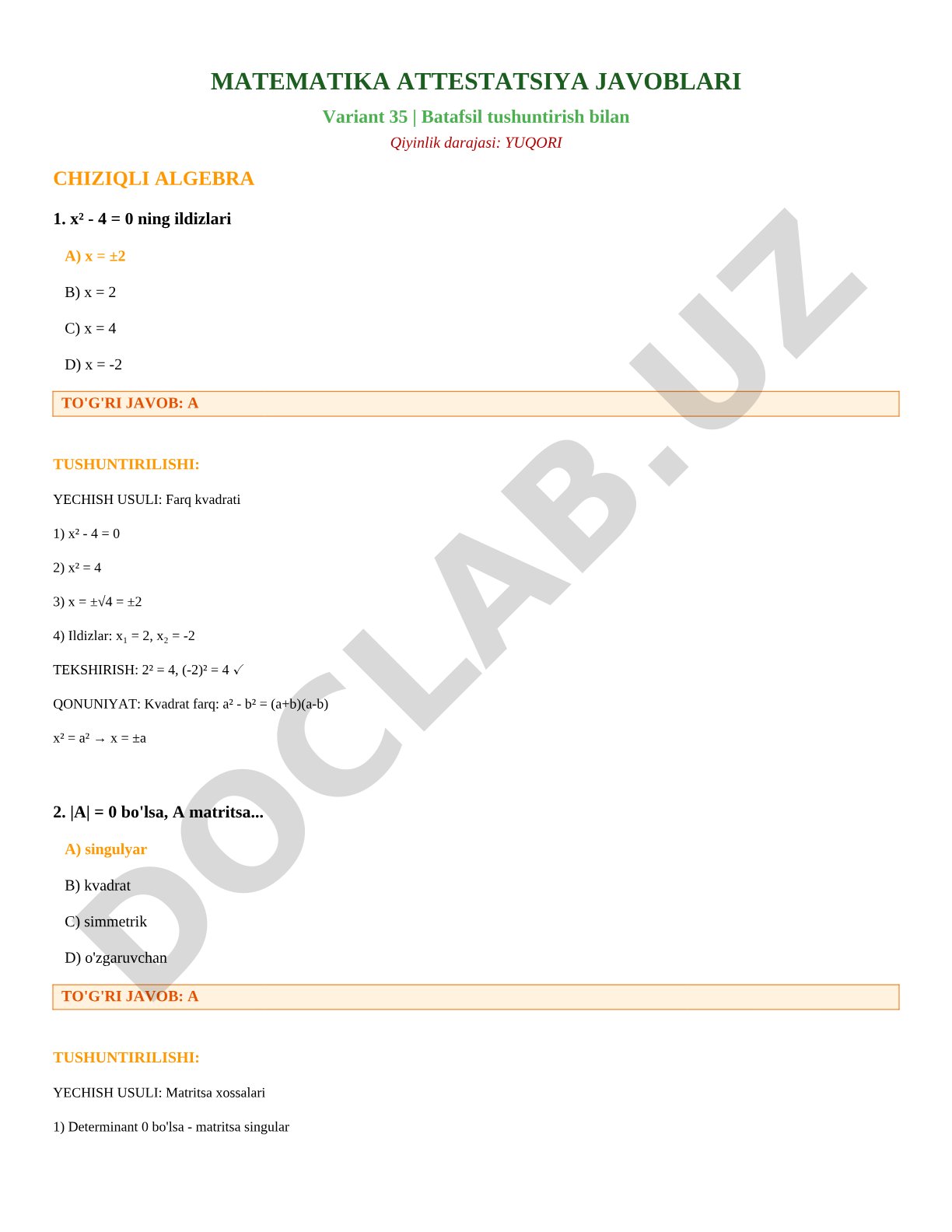 Matematika attestatsiya variant 35 chiziqli algebra