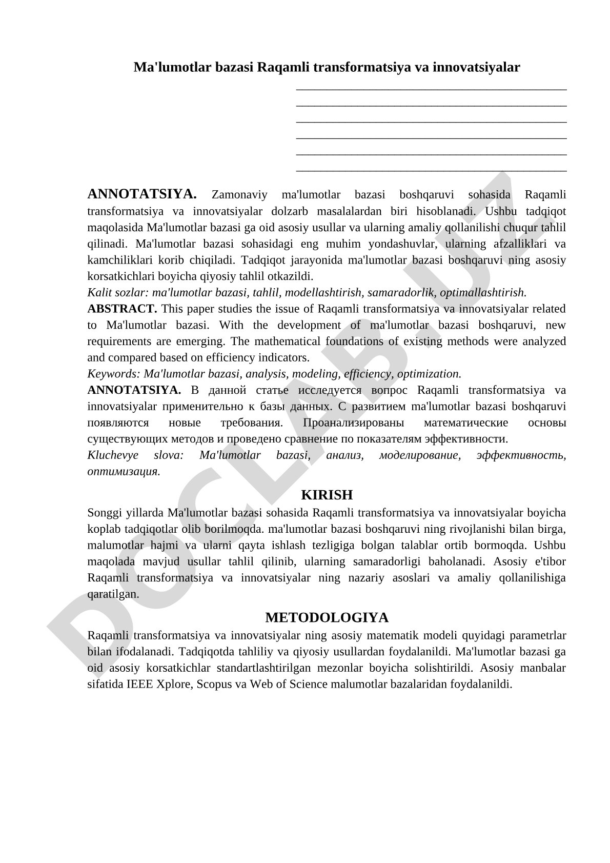 Ma'lumotlar bazasi raqamli transformatsiya va innovatsiyalar
