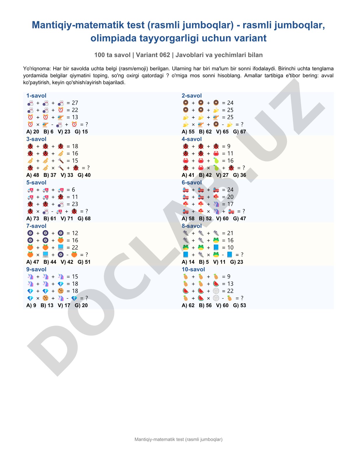 Mantiqiy-matematik test (rasmli jumboqlar)