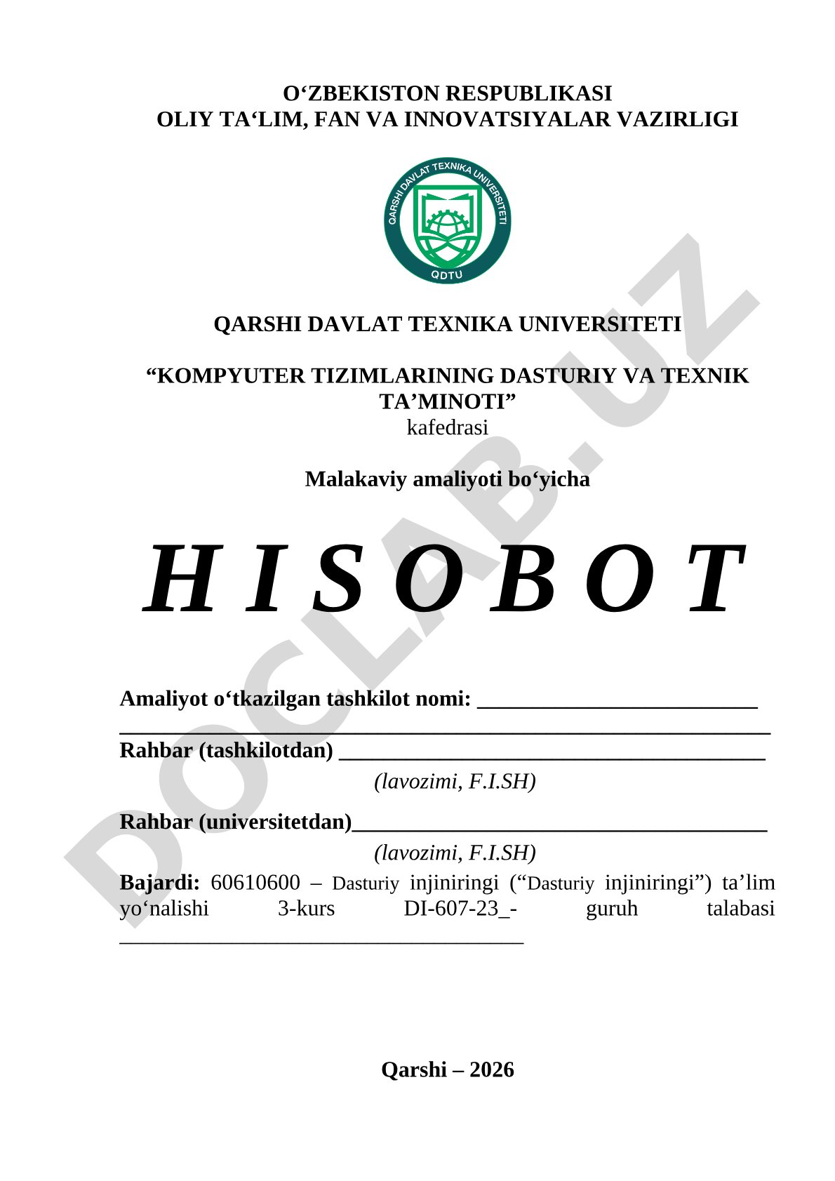 Malakaviy amaliyoti bo'yicha hisobot