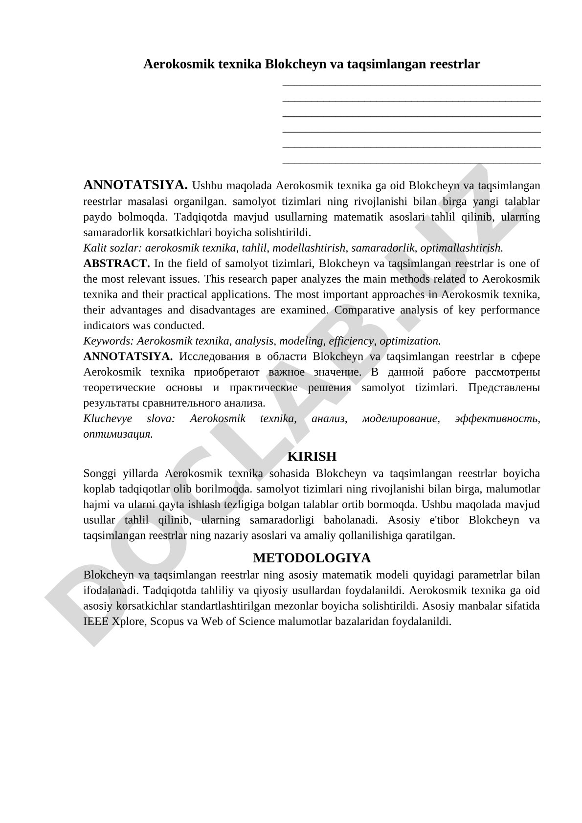 Aerokosmik texnika Blokcheyn va taqsimlangan reestrlar