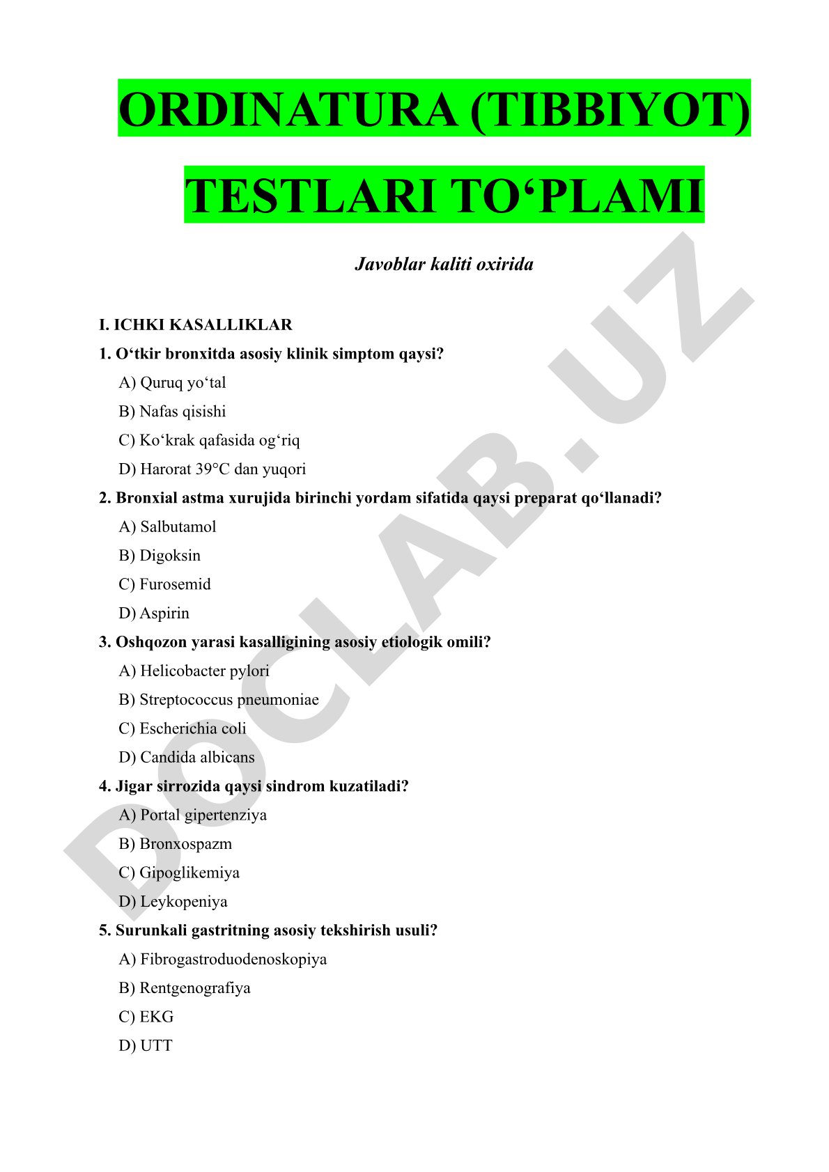 Ordinatura (tibbiyot) testlari to‘plami