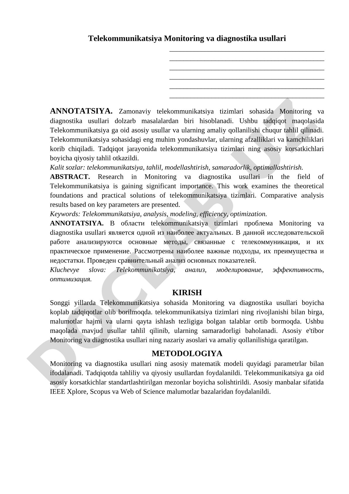Telekommunikatsiya Monitoring va diagnostika usullari