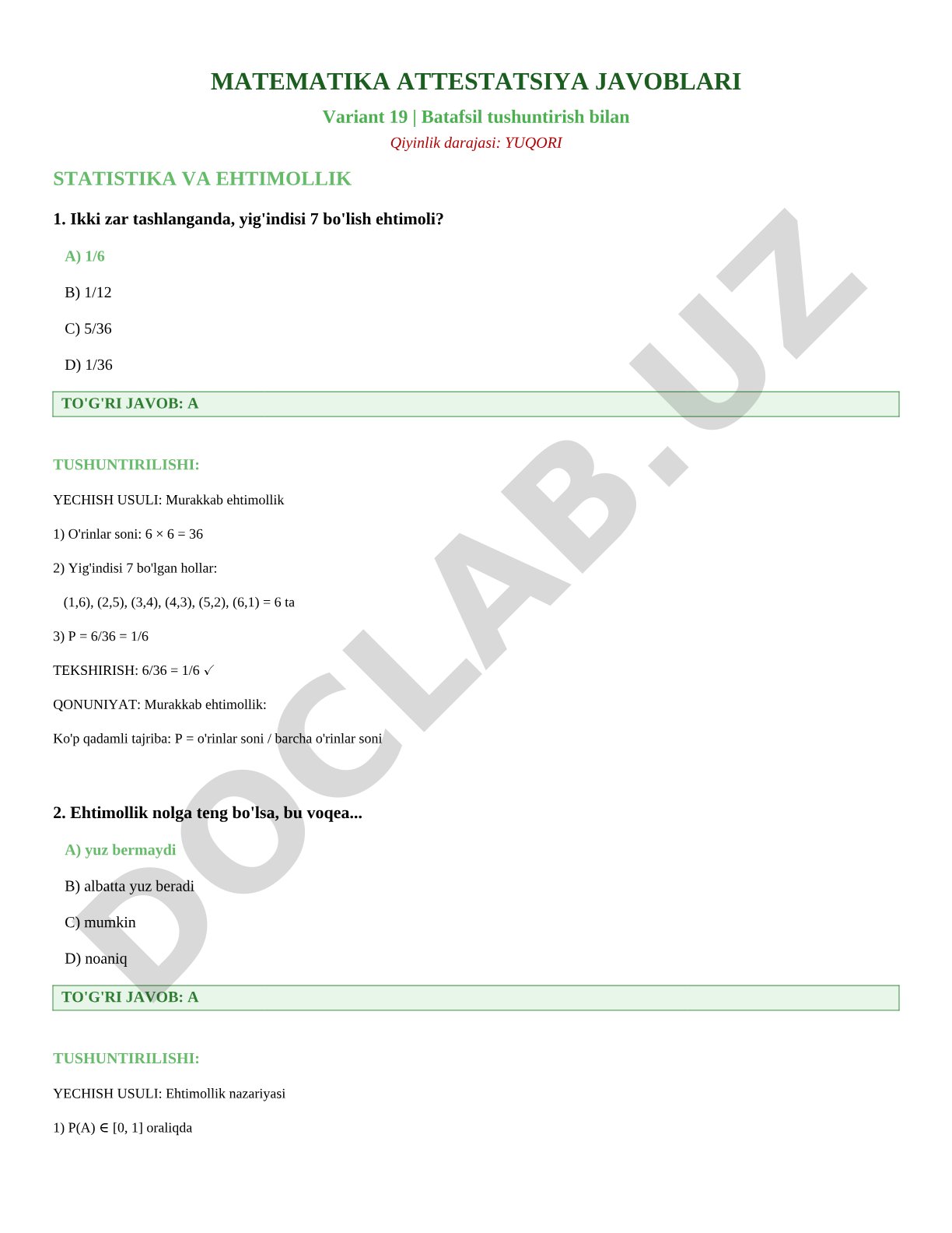 Matematika attestatsiya javoblari Variant 19