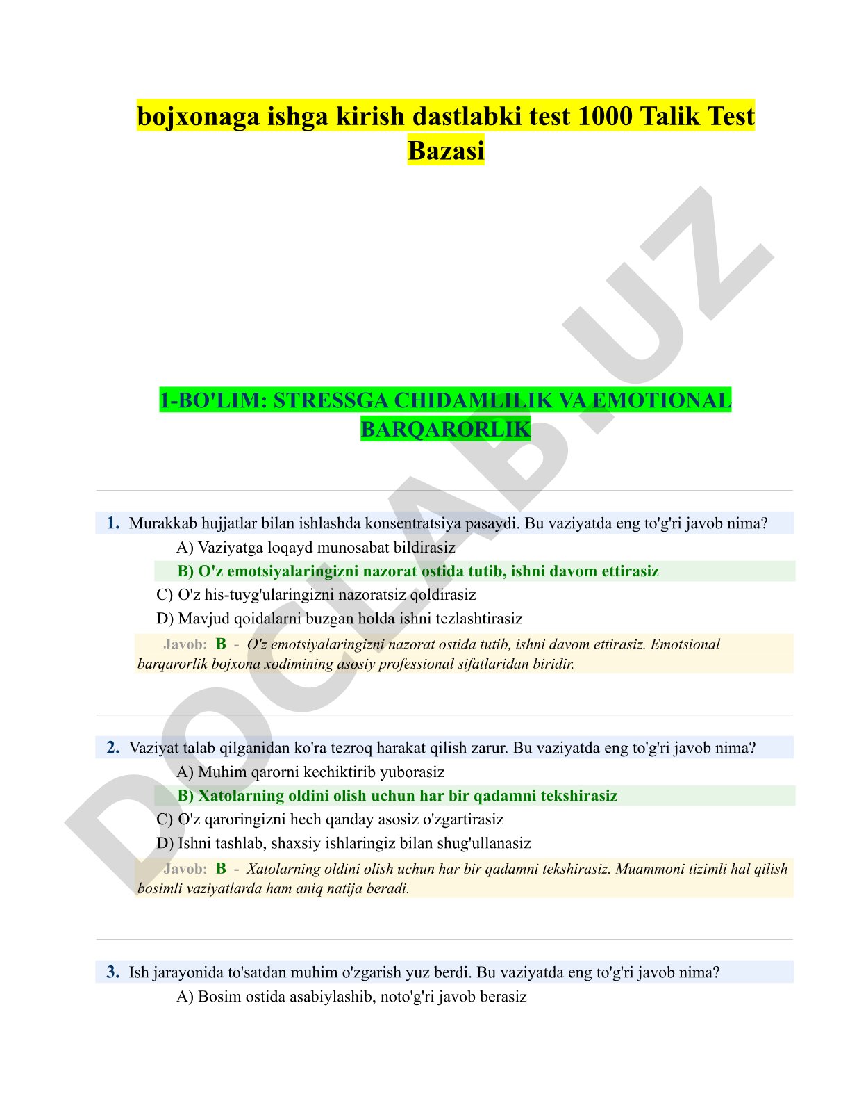 bojxonaga ishga kirish dastlabki test 1000 Talik Test Bazasi