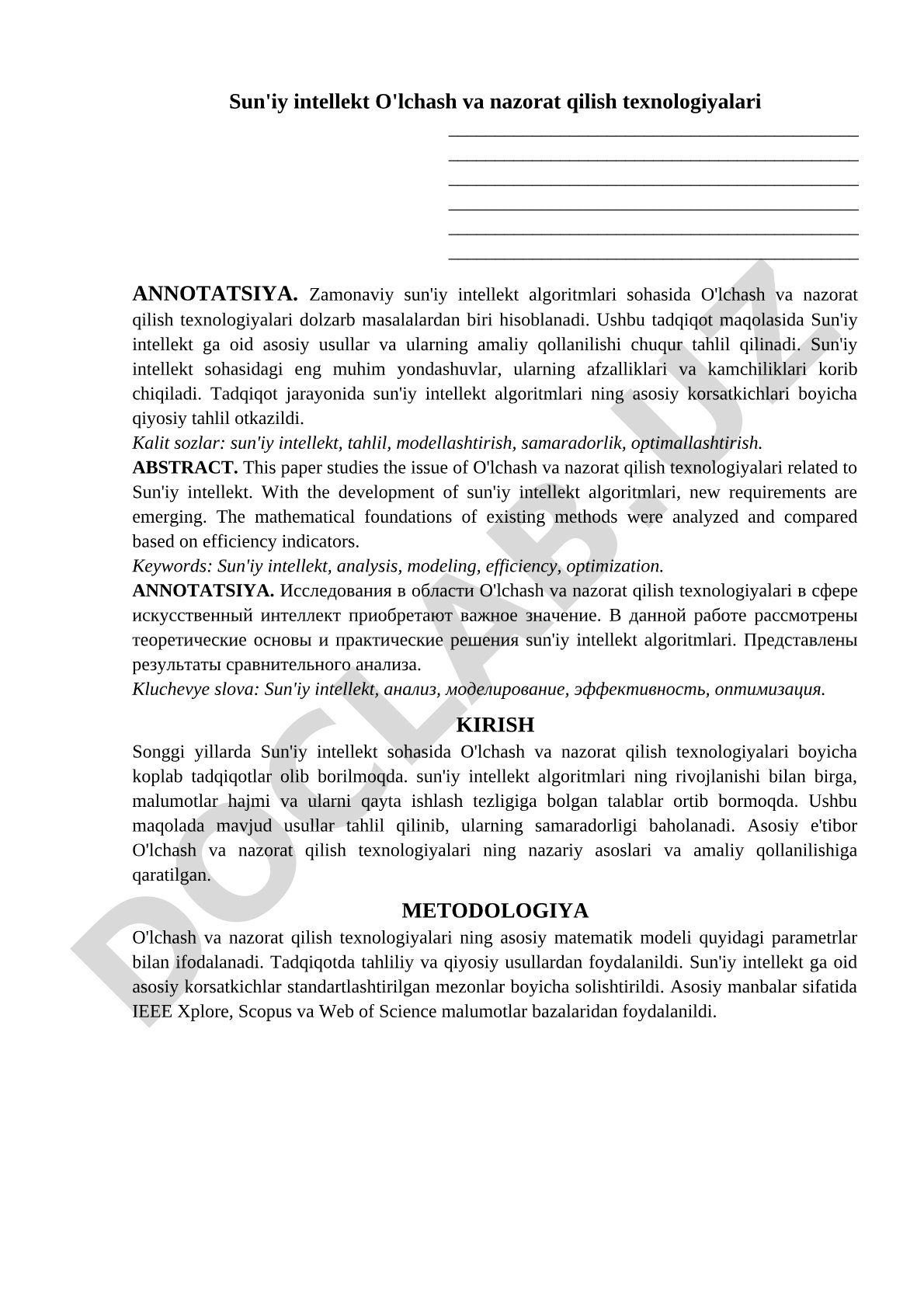 Sun'iy intellekt O'lchash va nazorat qilish texnologiyalari